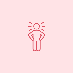 Icon in shades of light and dark red of a person with lines like rays of light coming from them, indicating they are confident