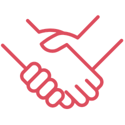 A line icon in red of two hands shaking