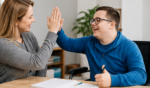 A woman wearing a gray shit high fives a boy in a blue shirt and glasses. They sit at a table with a notebook in front of him.