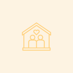 Icon in shades of light and dark orange of a house with two people and a heart inside it