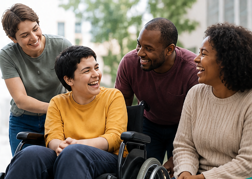 A boy wearing a yellow shirt sits in a wheelchair. He is surrounded by three people, a woman in a green shirt, a man in a burgundy shirt, and another woman in a beige shirt, all smiling with him