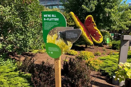 A garden display with a green sign that reads "We're all A-flutter!" next to a large bee cutout and a colorful flower sculpture shaped like a butterfly.