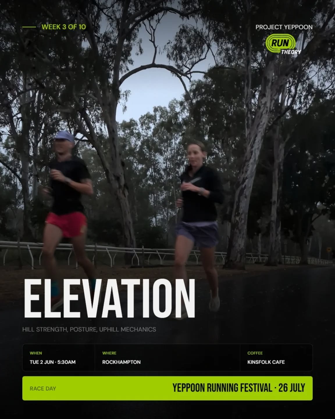WEEK 3 - ELEVATION: Project Yeppoon.

Hills. But not as you know them.

Most runners see elevation as something to conquer.
We're interested in something else.

Learning how effort changes. How rhythm changes. How momentum changes.

Because the best 
