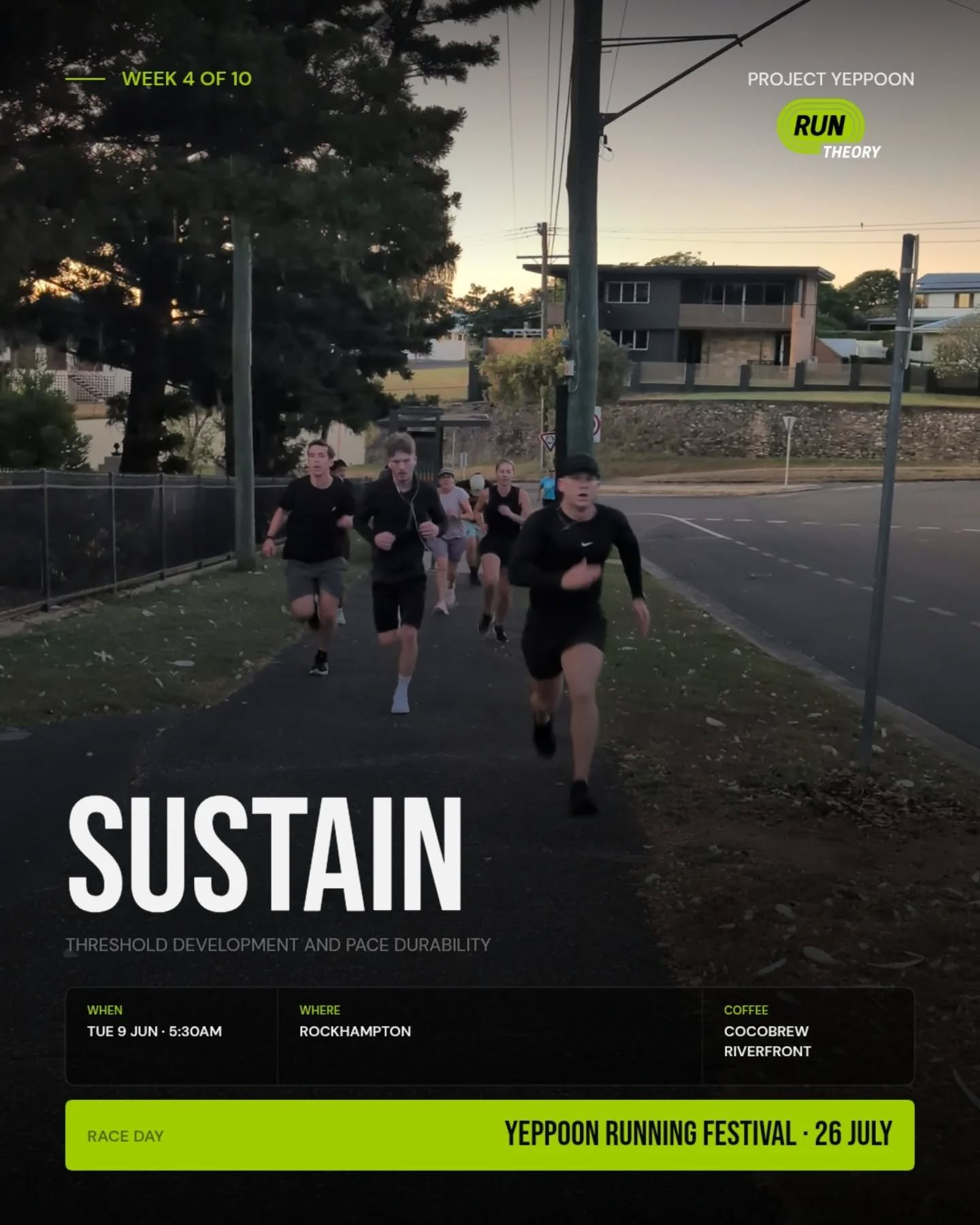WEEK 4 &ndash; SUSTAIN: Project Yeppoon.

The challenge isn't getting to the pace.

It's staying there.

Threshold running is about control. Holding an effort that's comfortably hard. 

Anyone can surge for a minute. 

The runners who improve are the