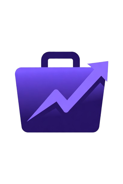 A purple briefcase with a rising arrow graph symbol on it.