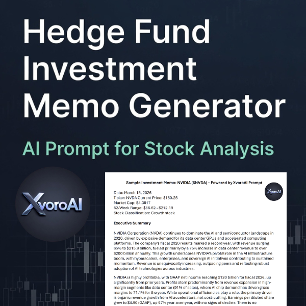 A digital screen displaying a hedge fund investment memo generator interface with the title 'Hedge Fund Investment Memo Generator' and a subtitle 'AI Prompt for Stock Analysis'. The memo shown features NVIDIA stock information, including date, ticker, market cap, stock range, and a summary of NVIDIA's business outlook.