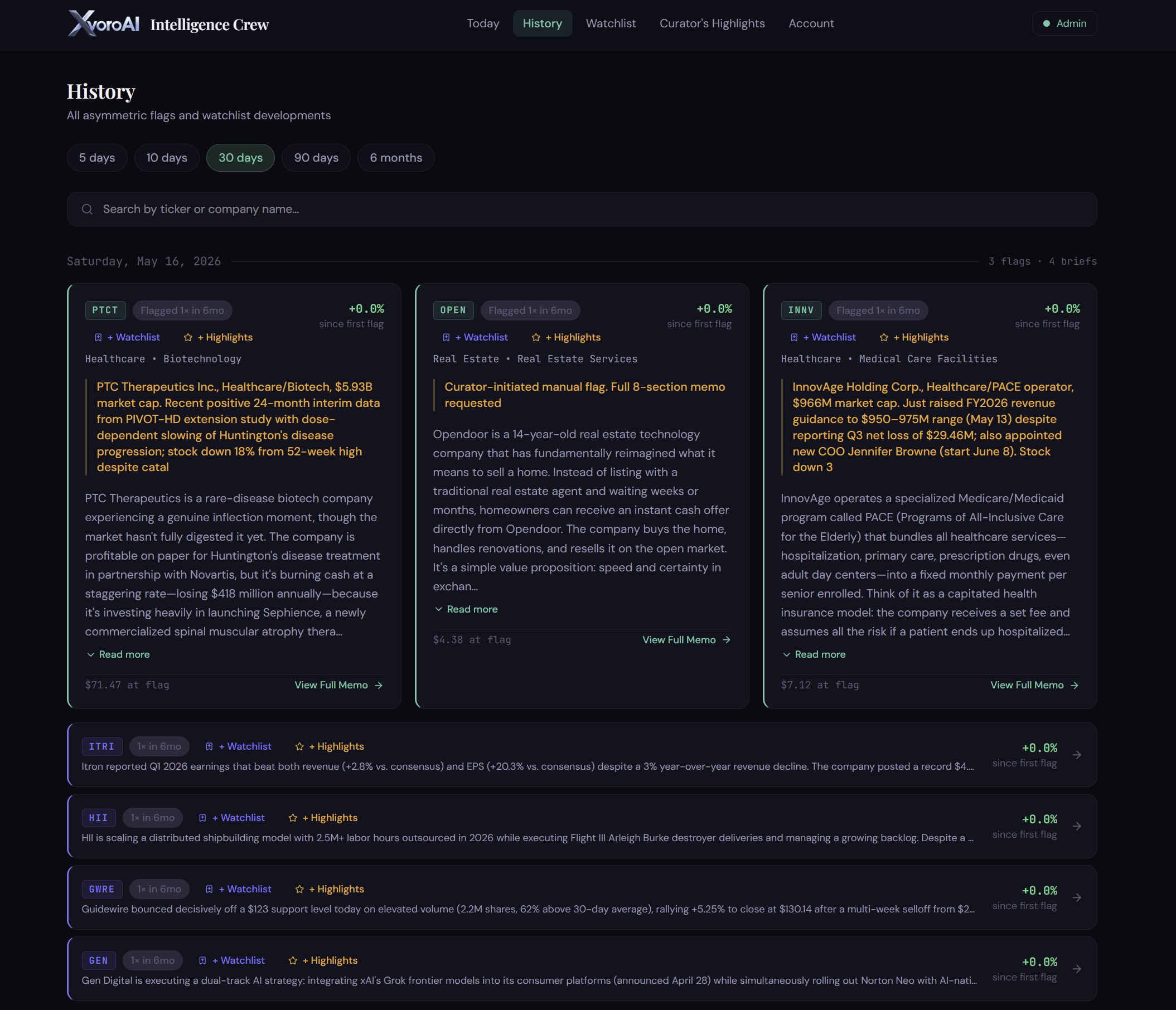 Screenshot of a financial or stock analysis website displaying recent company performance reports, flags, and brief summaries for multiple companies, with a dark theme, showing historical data and highlights.