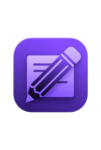 Icon of a pencil and paper in purple and black, representing writing or editing.