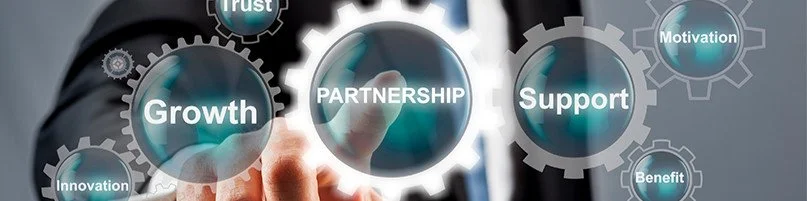 Digital illustration of interconnected gears with words like Partnership, Growth, Support, Trust, Innovation, Benefit, and Motivation.