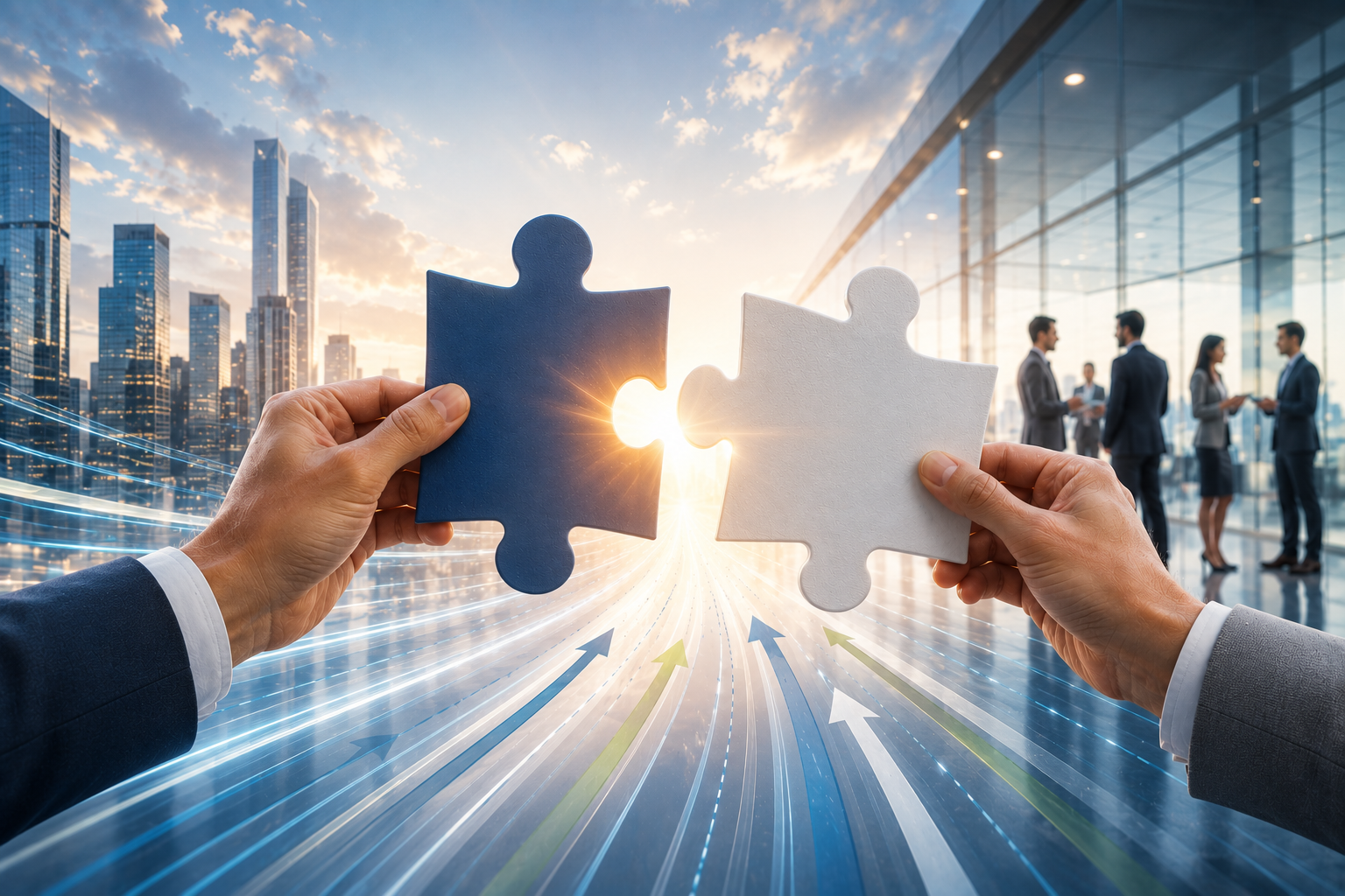 Two hands hold puzzle pieces, one blue and one white, fitting together in front of a city skyline with a sunset, symbolizing partnership or collaboration.