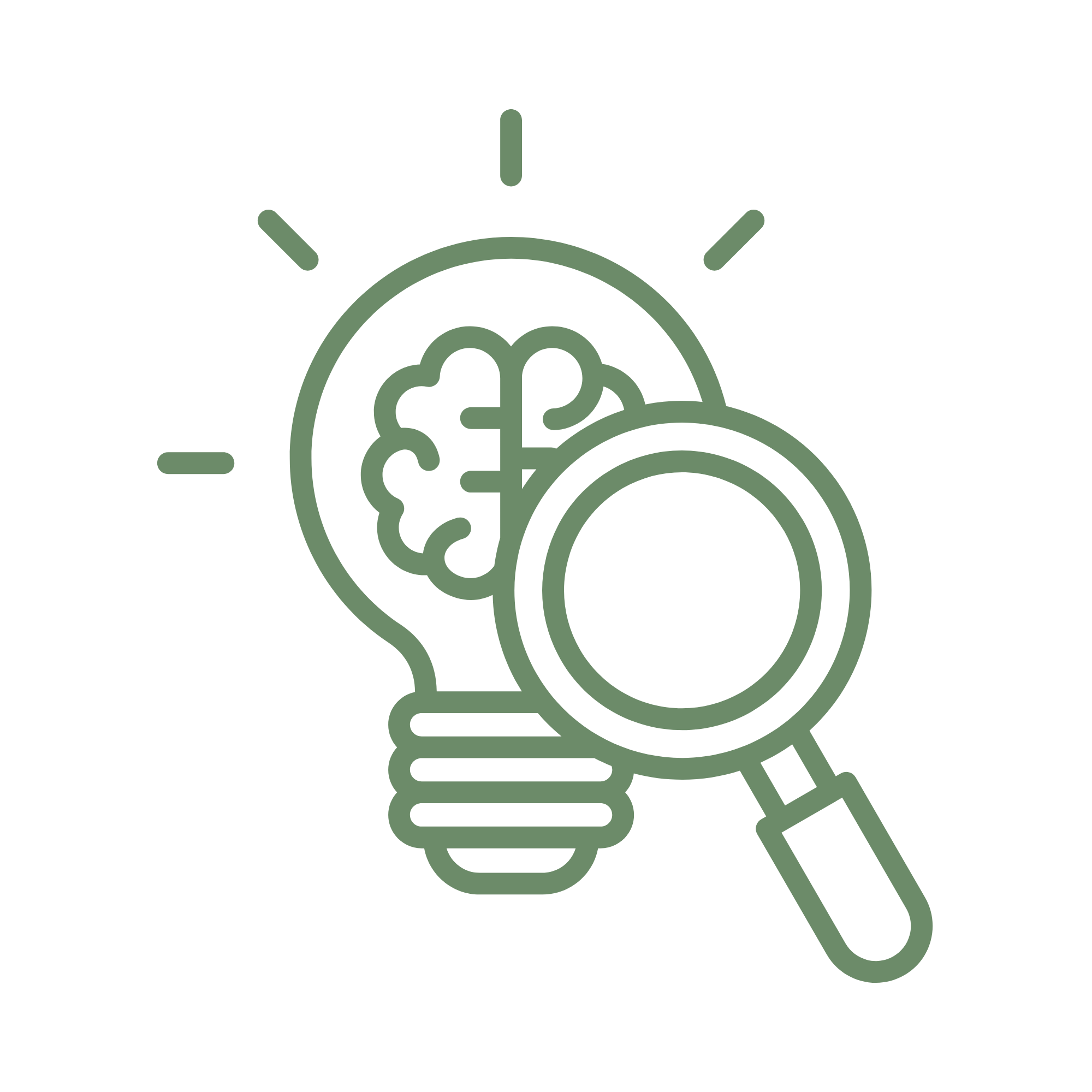 Illustration of a brain inside a light bulb with rays emanating from it, symbolizing ideas or innovation.