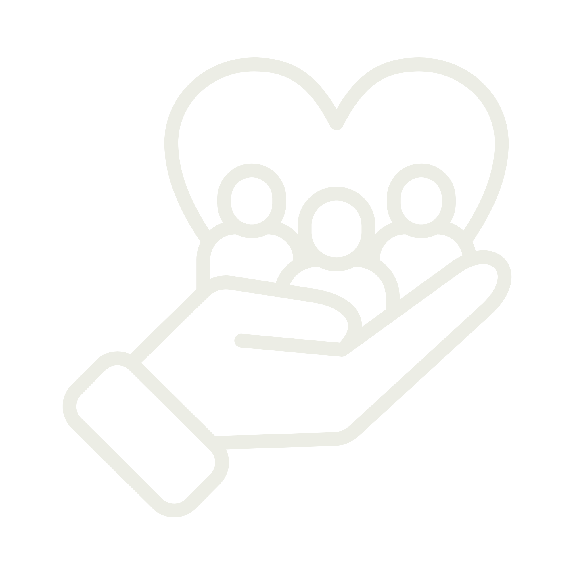Line drawing of a hand holding a smartphone with a group of people/icons in a speech bubble, representing communication or social network.