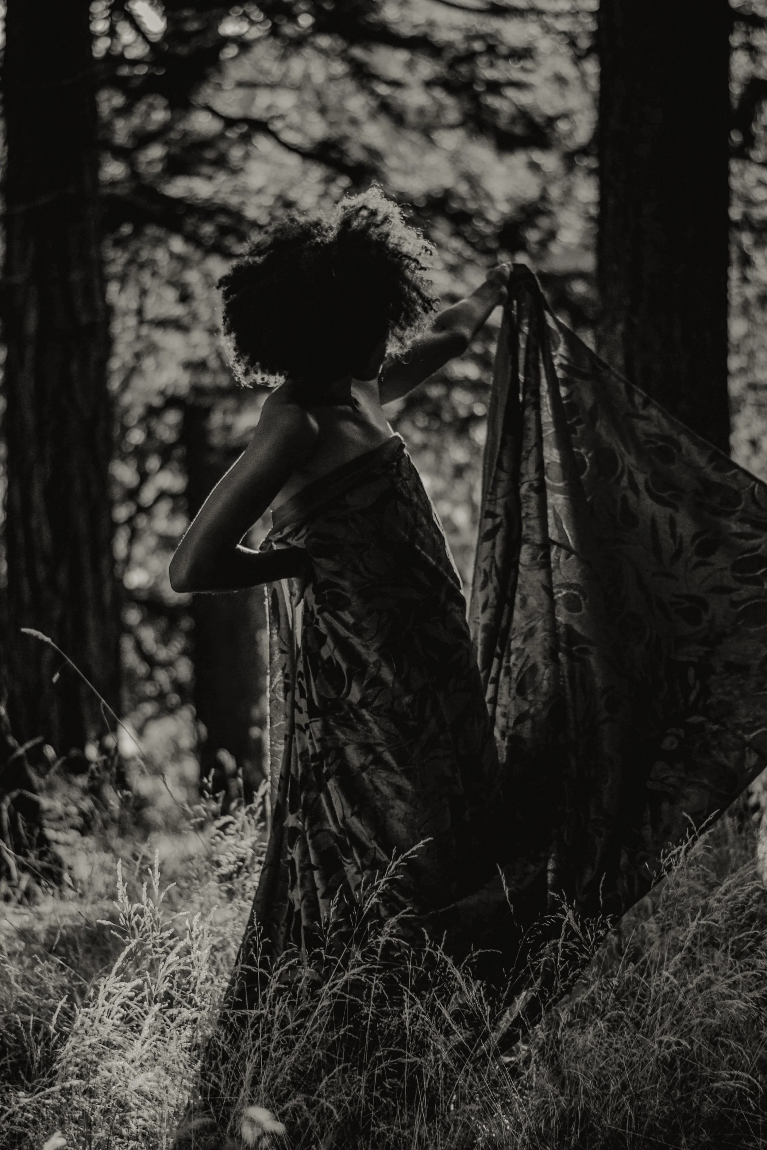 Silhouette of a woman with curly hair standing in a wooded area, wearing a patterned dress, holding a piece of fabric during daytime.