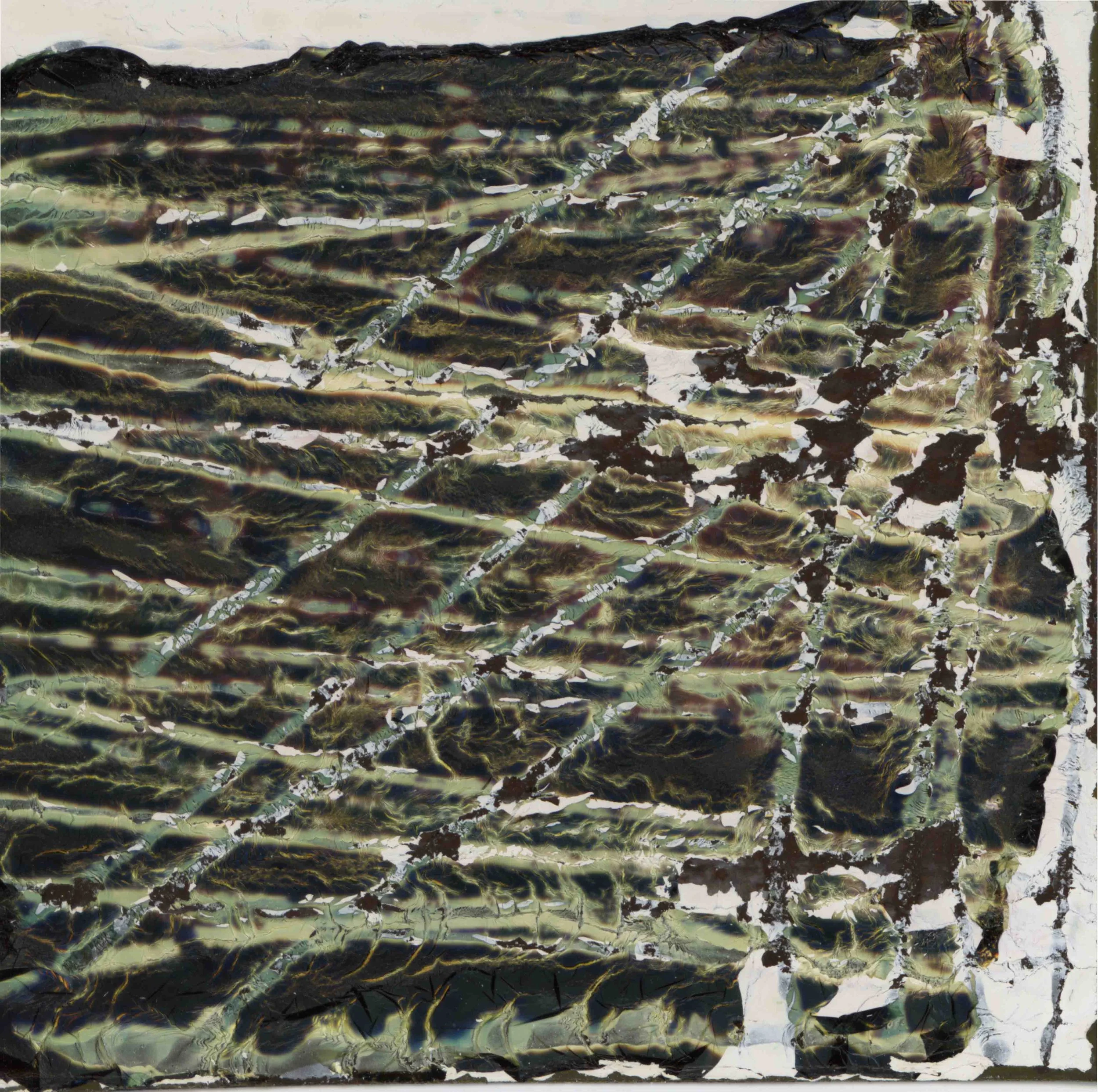 Close-up of a textured abstract painting with dark green, black, gold, and white swirling lines and layered paint strokes across the canvas.