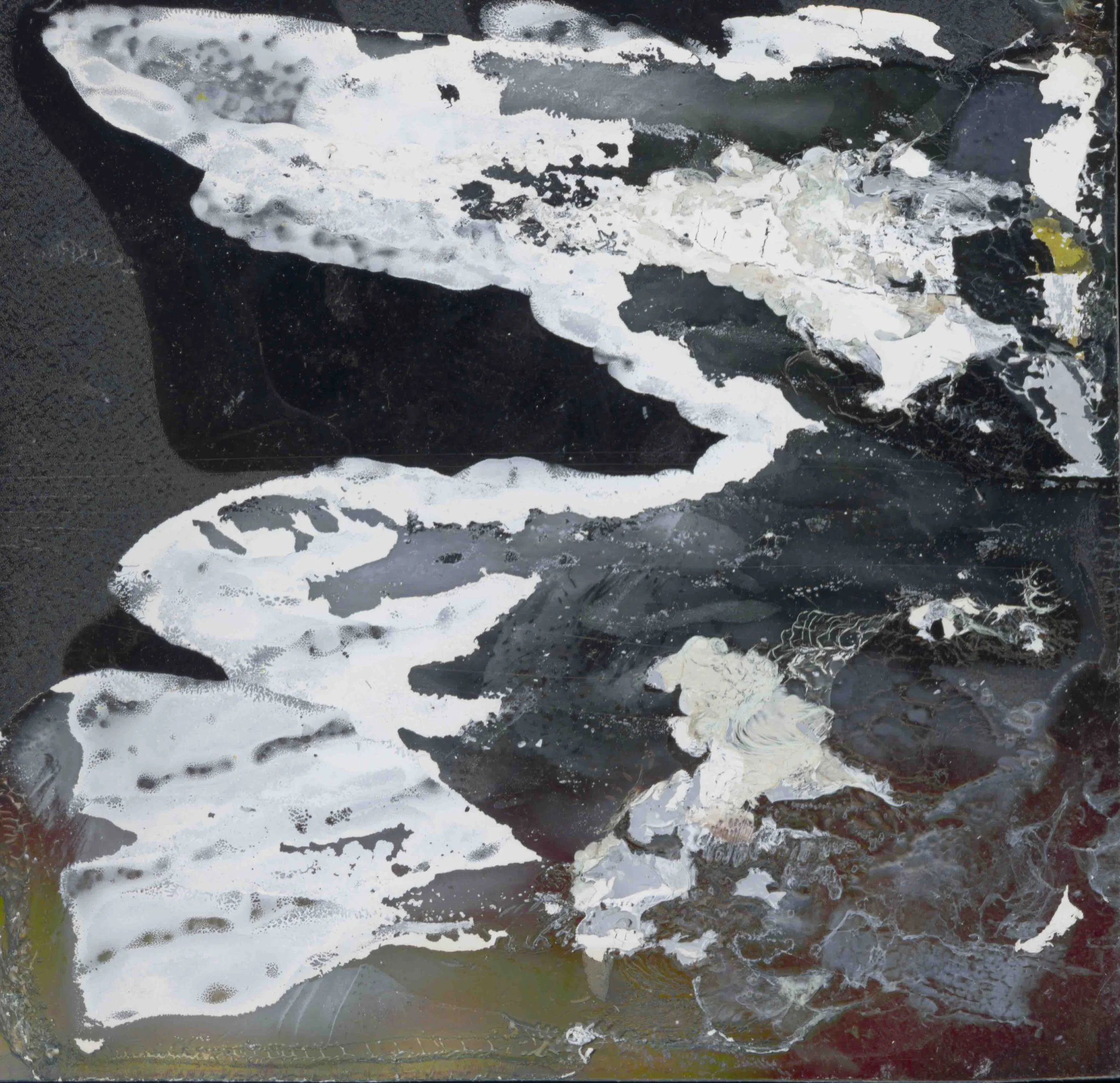 Abstract painting with black, white, gray, and yellowish-green colors in a textured pattern.