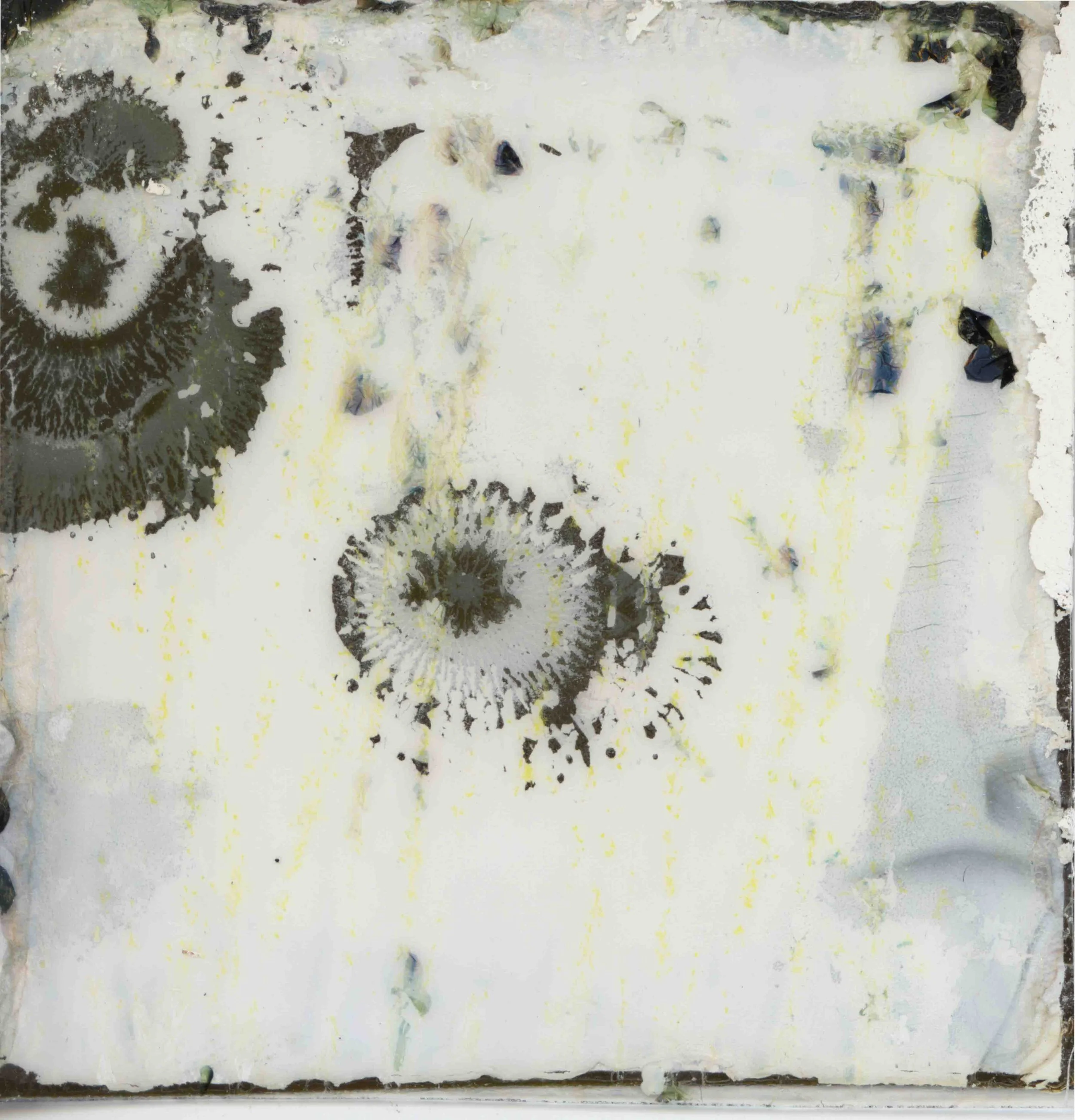 Close-up of an old, weathered wooden surface with black, green, and white paint splatters, peeling paint, and some dried yellowish paint streaks.