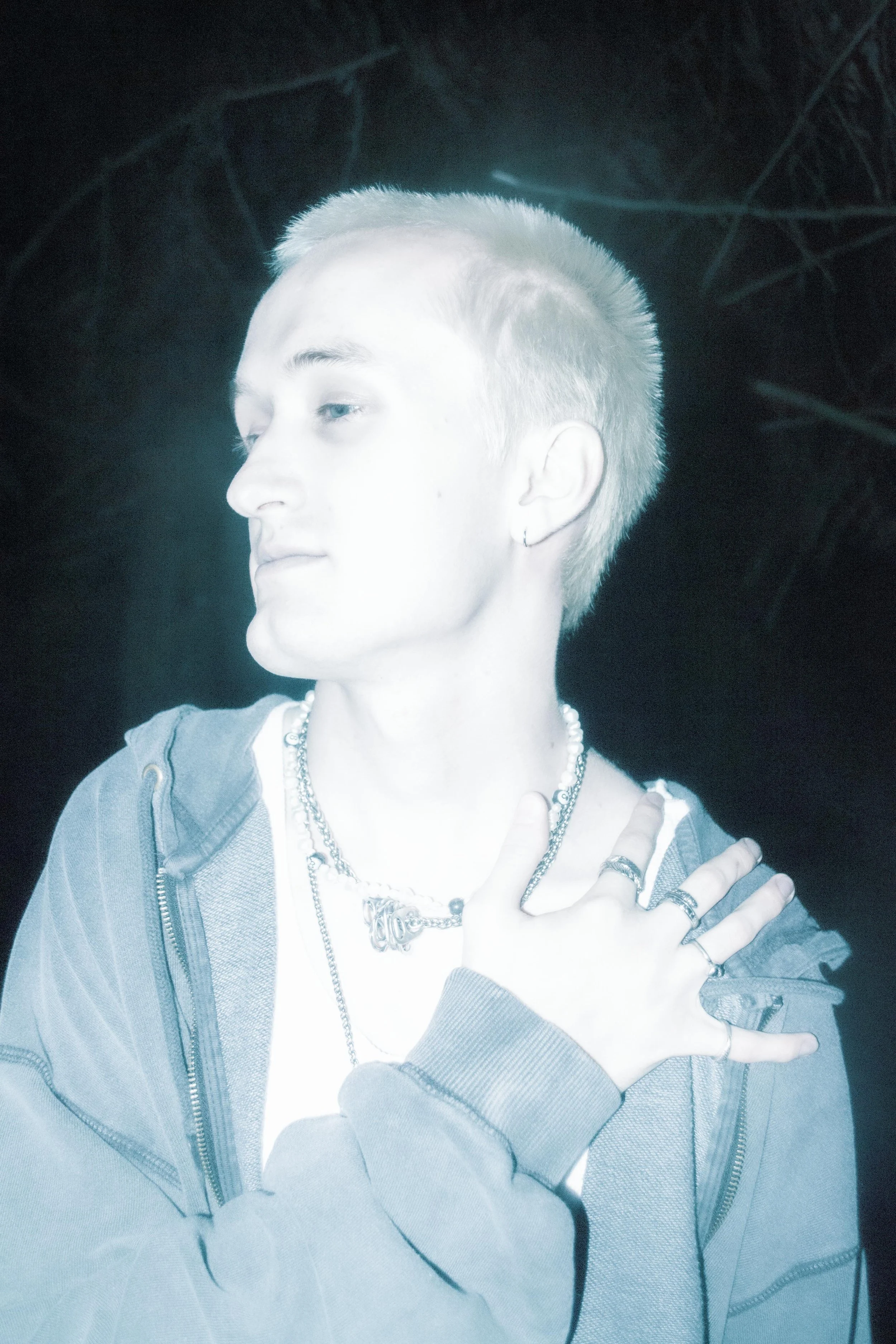 A person with short platinum blonde hair, multiple necklaces, multiple rings, and earrings, wearing a dark-colored jacket over a white shirt, with hand crossed over their chest, against a dark background with faint tree branches.
