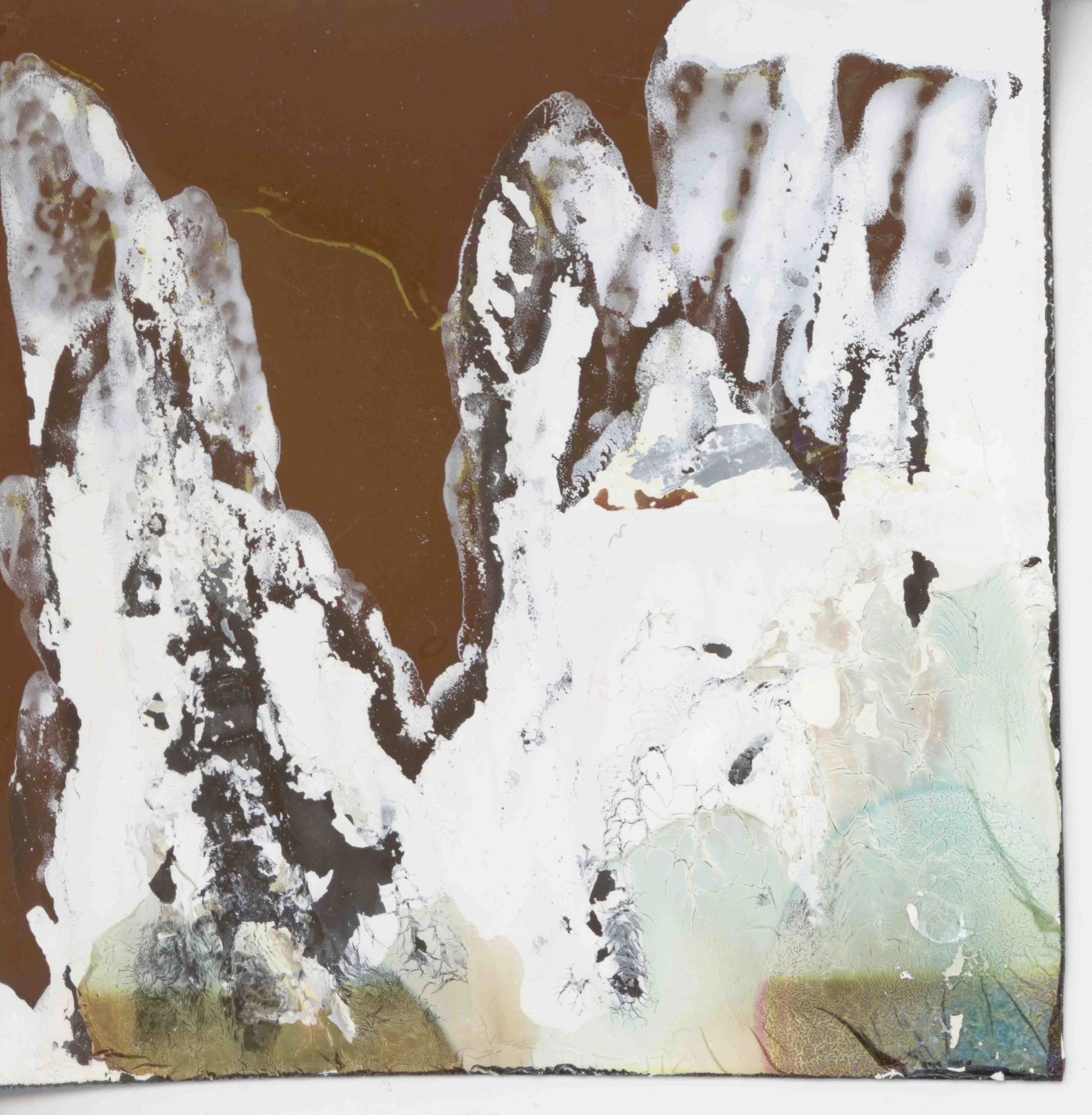 Abstract painting with a dark brown background and white, black, and gray textured patterns resembling mountain peaks and fluid shapes, with hints of yellow and pastel colors.