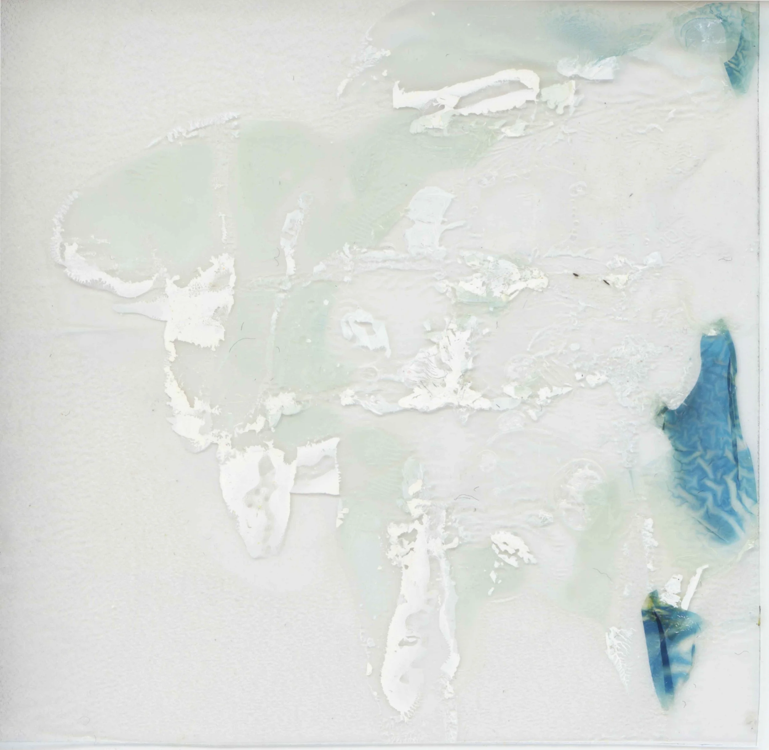 Abstract watercolor painting with light pastel shades of blue, green, and white, and textured brushstrokes.