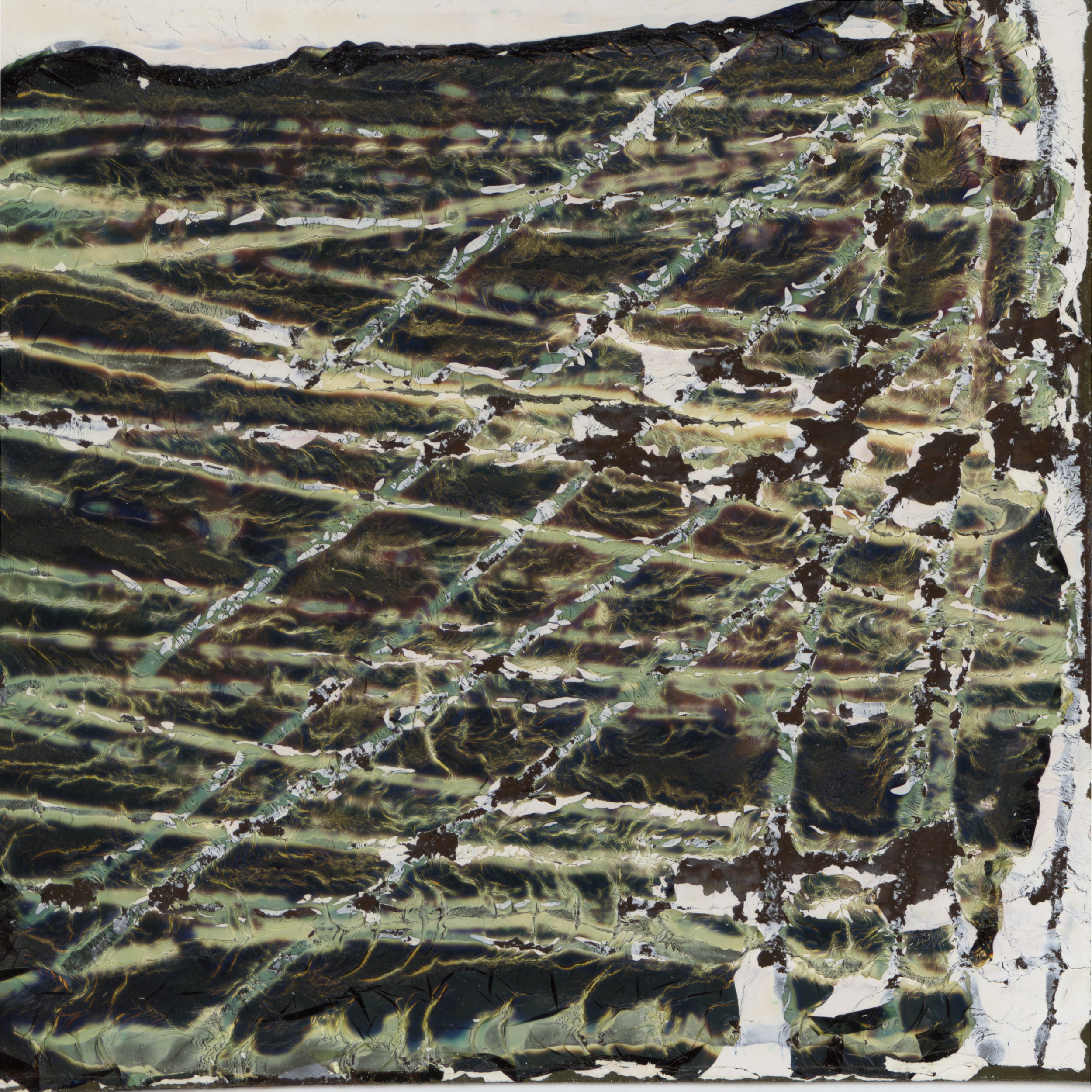 Abstract pattern with swirling colors of black, green, gold, white, and hints of purple, resembling marble or oil paint with layered textures.