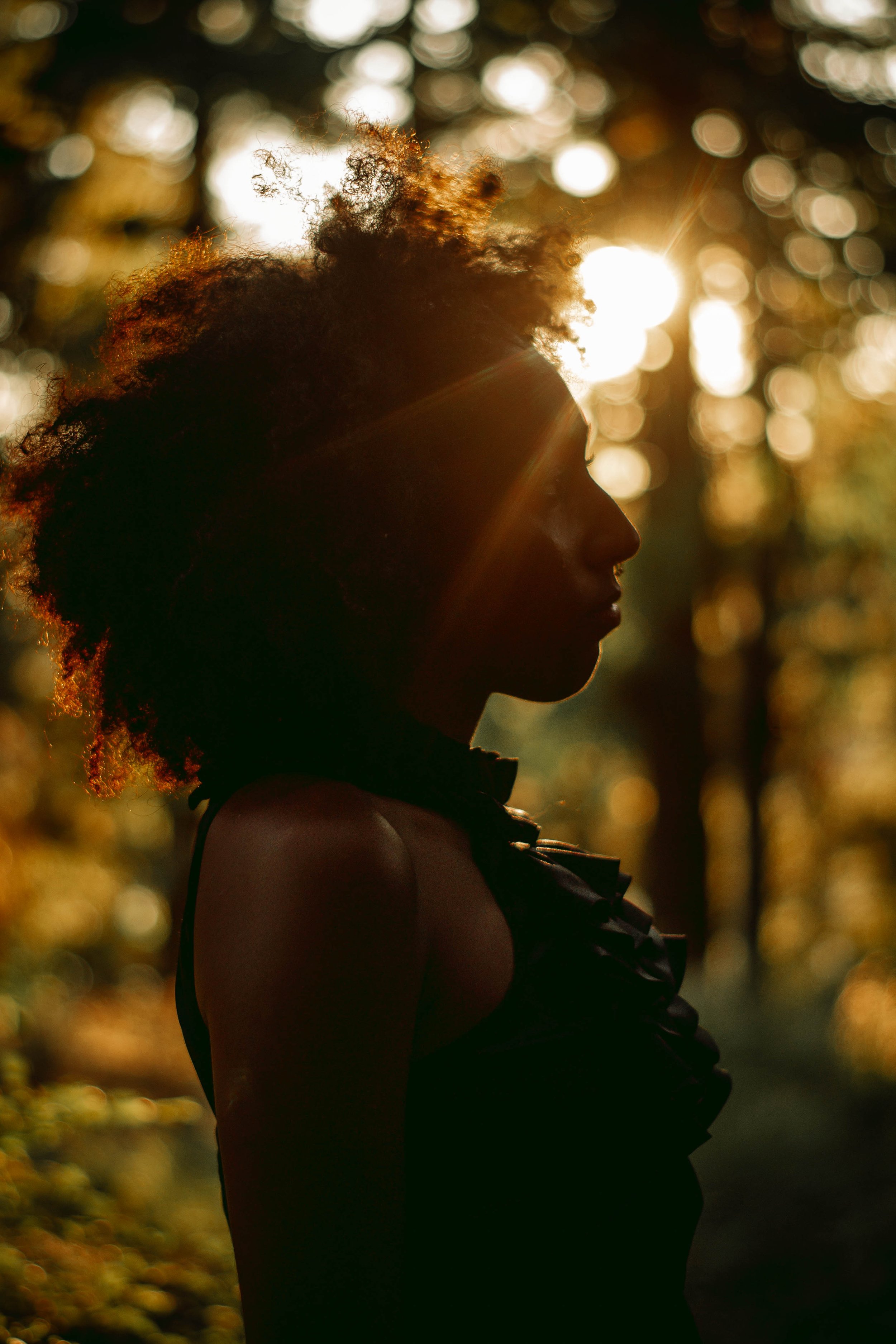 Silhouette of a woman in profile, backlit by a warm sunset, with curly hair and a ruffled dress, standing outdoors among trees and bokeh light.