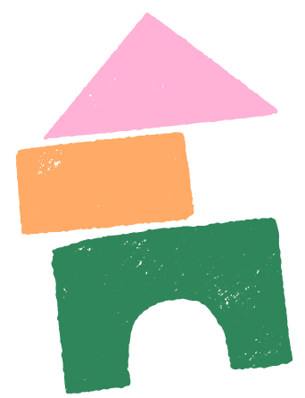 Illustration of four colorful, irregularly shaped blocks stacked to resemble a house, with a pink triangle on top, beige rectangle, green square with an arch cutout.