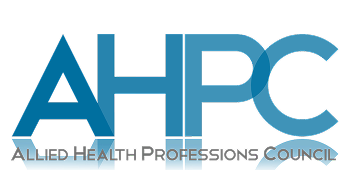 Blue AHPC letters with Allied Health Professions Council written below in smaller, light gray text on a black background.