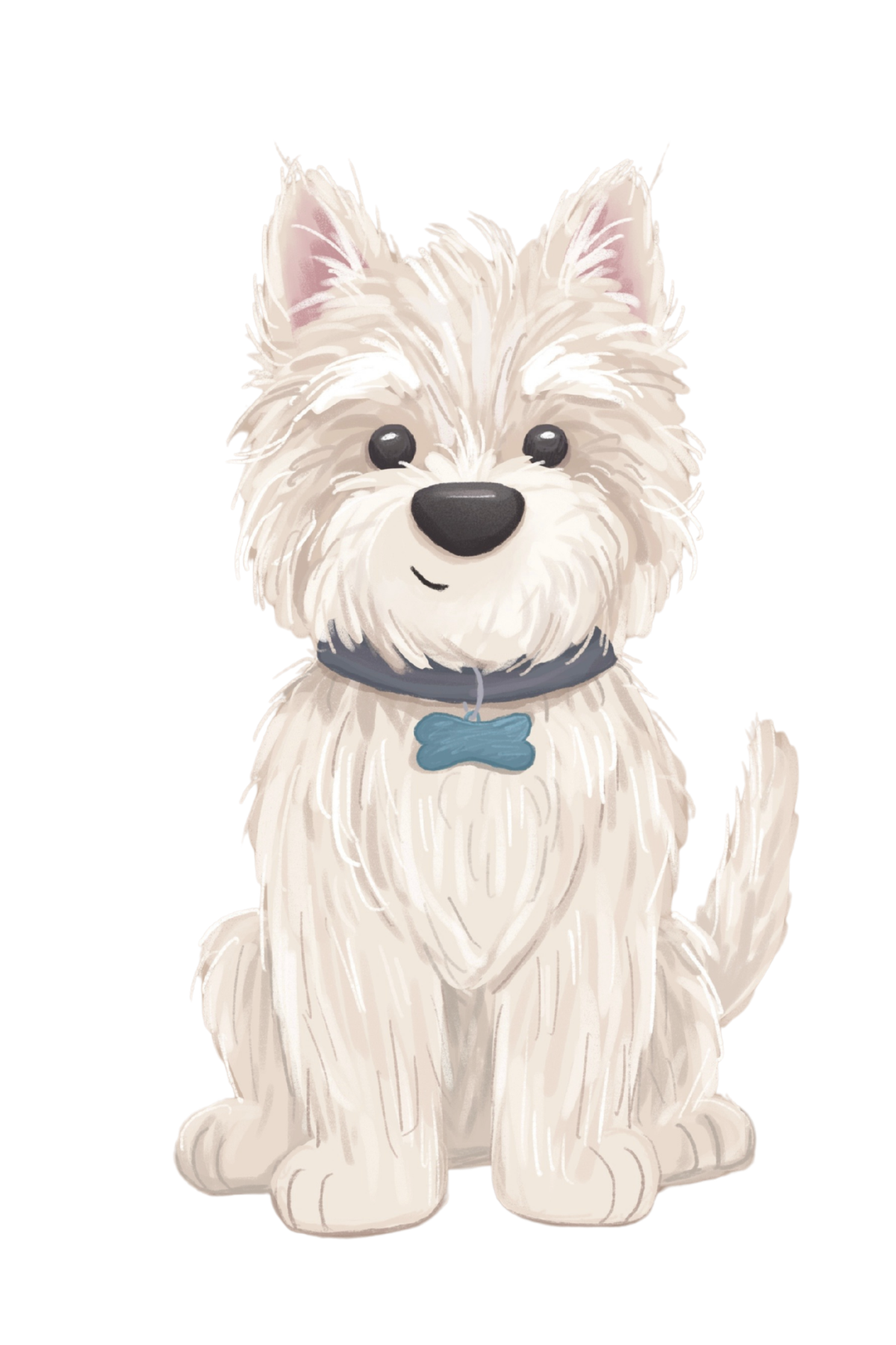 A cute illustrated dog with cream-colored fur, black eyes, and a black nose, sitting with a blue collar and bone-shaped tag, against a white background.