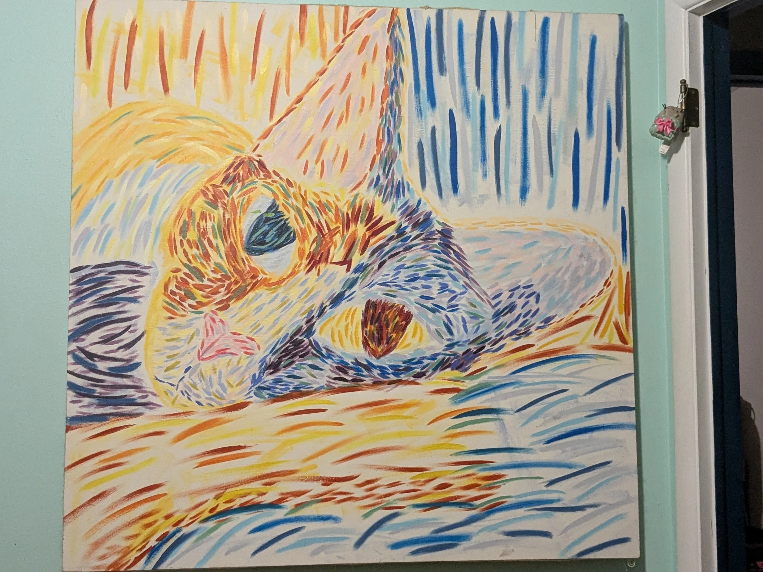 A colorful, impressionistic painting of a dog resting on a bed or blanket, with a background of blue and yellow stripes.