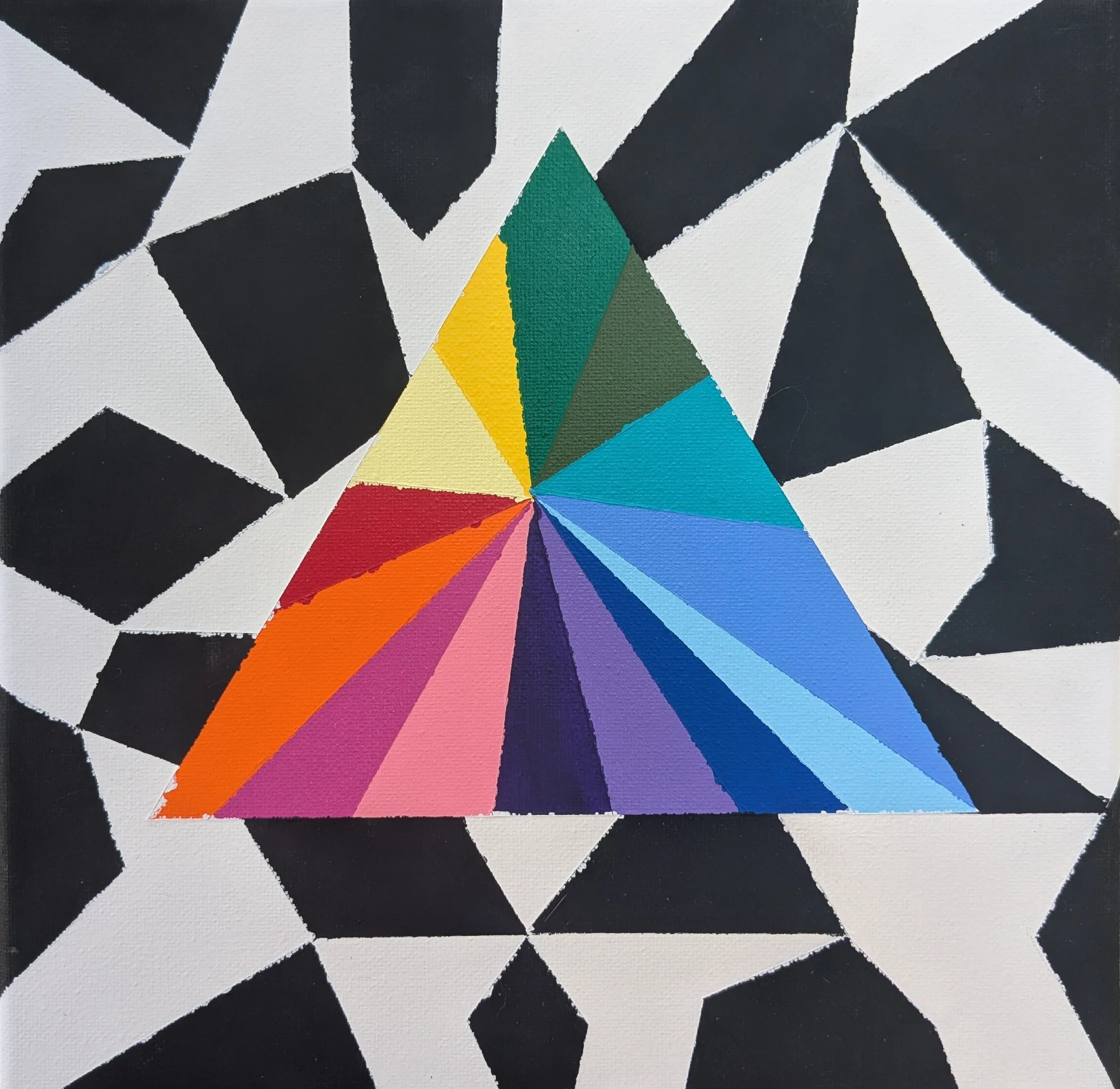 Close-up of a geometric abstract painting with black, white, and vibrant rainbow colors, forming a circular pattern.