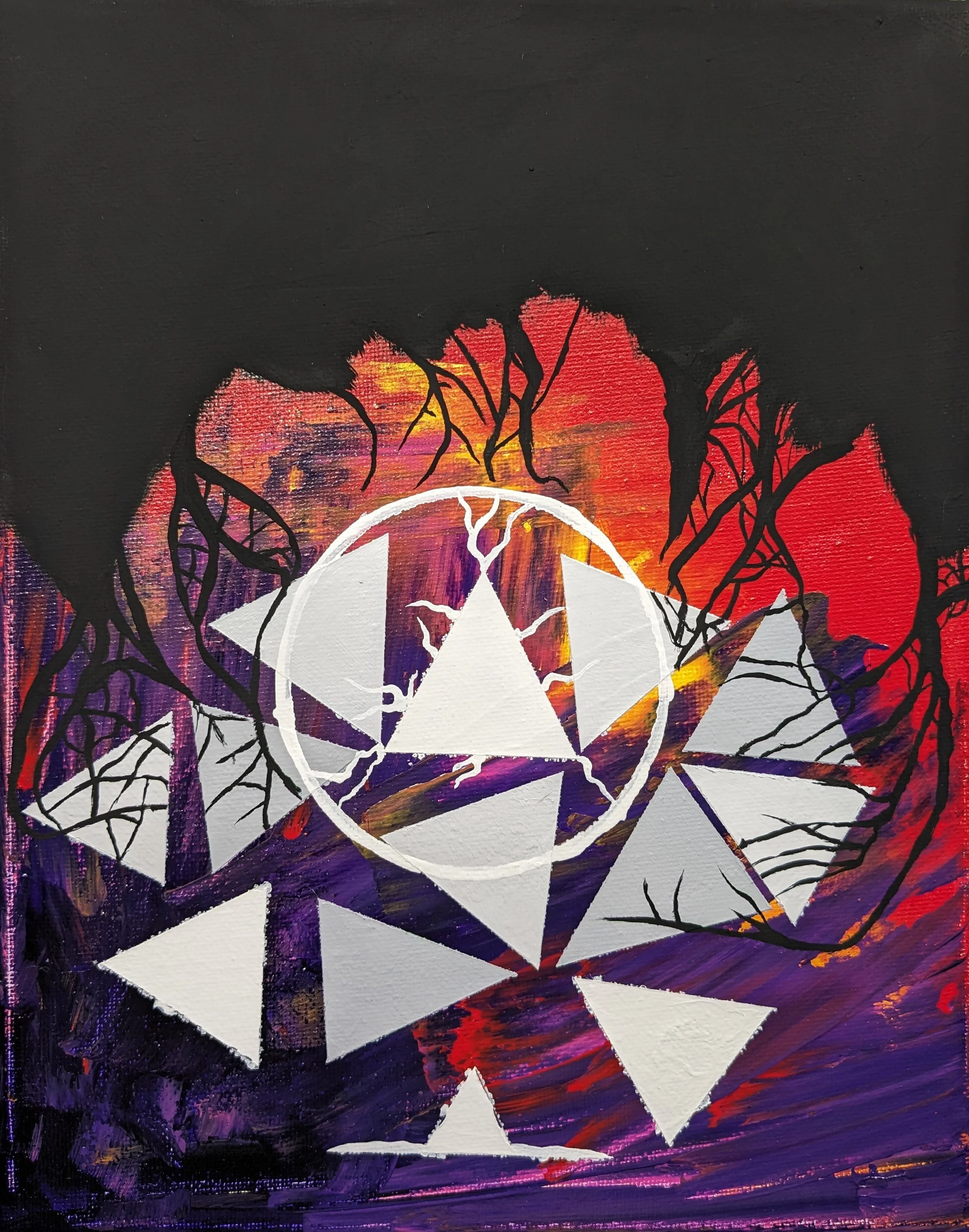 Abstract painting with vibrant colors of orange, purple, and red, featuring black leaf-like patterns and geometric white shapes arranged in a circular pattern.
