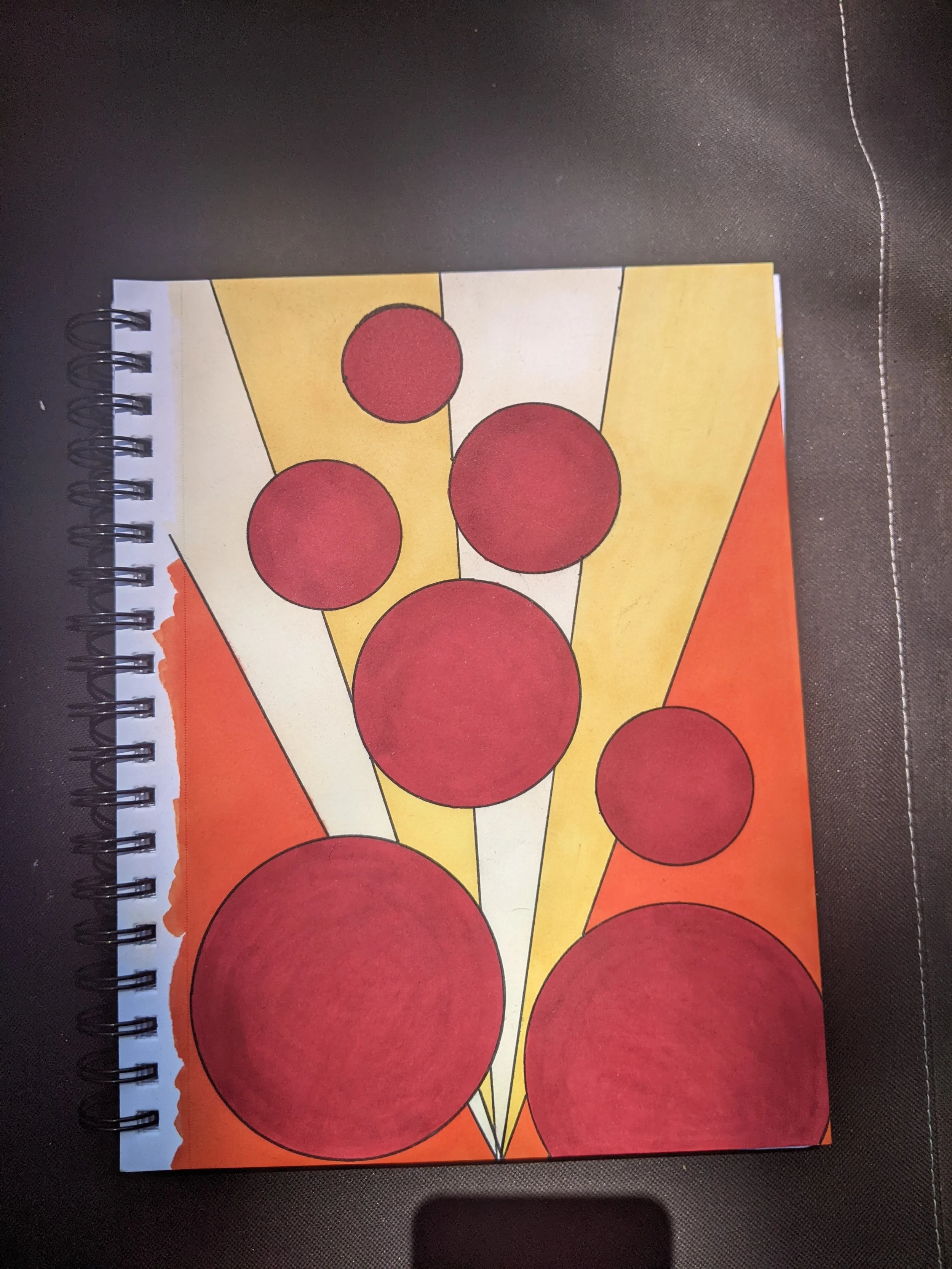 Drawing of a slice of pizza with orange, yellow, and white background, and red circles representing pepperoni toppings.