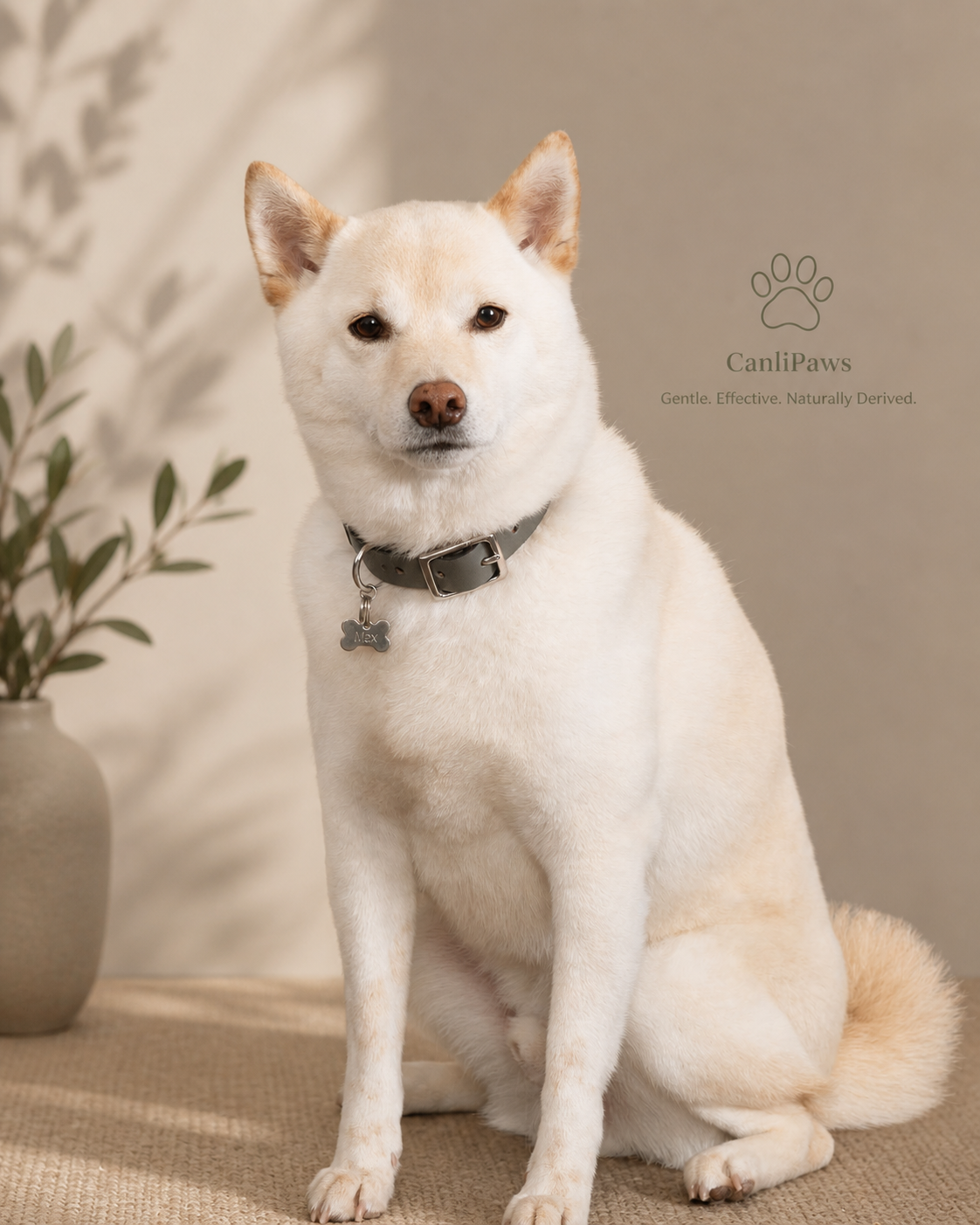 A cream-colored dog with pointy ears and a black collar, sitting indoors on a beige rug next to a potted plant. Logo on the background reads "CanliPaws" with the tagline "Gentle. Effective. Naturally Derived.".