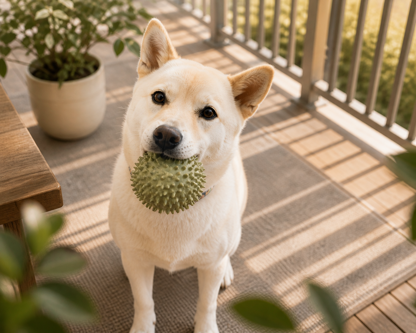 White Shiba Inu holding a green ball on a sunny balcony.