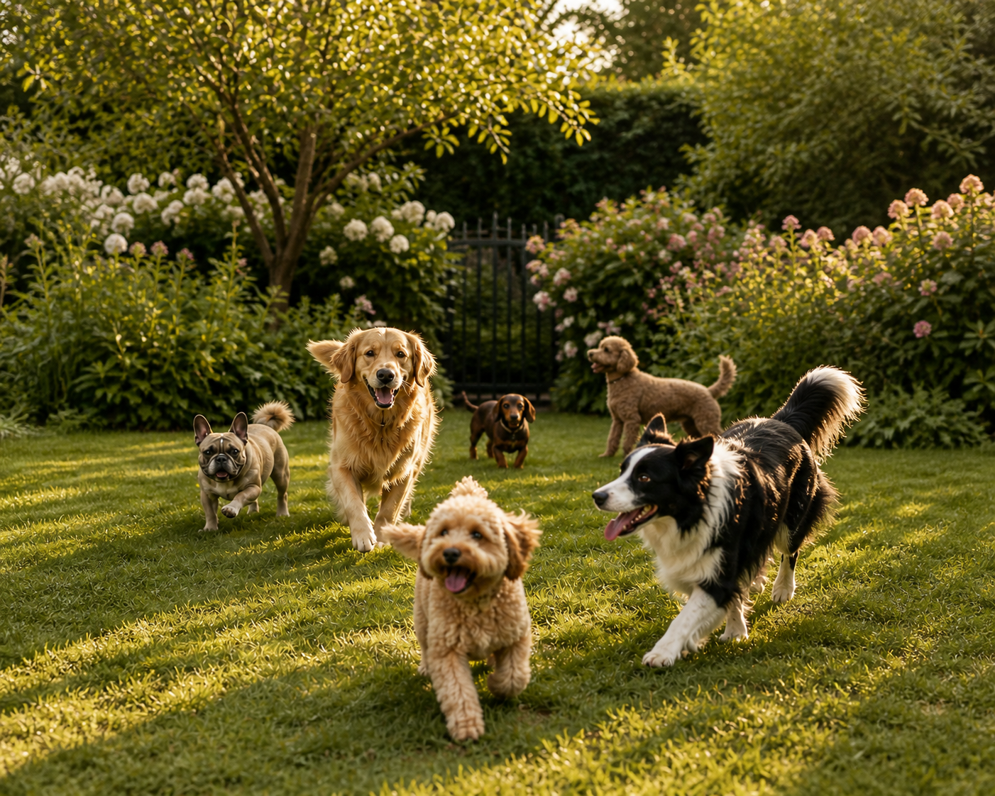 Different dog breeds playing together in a sunny garden.