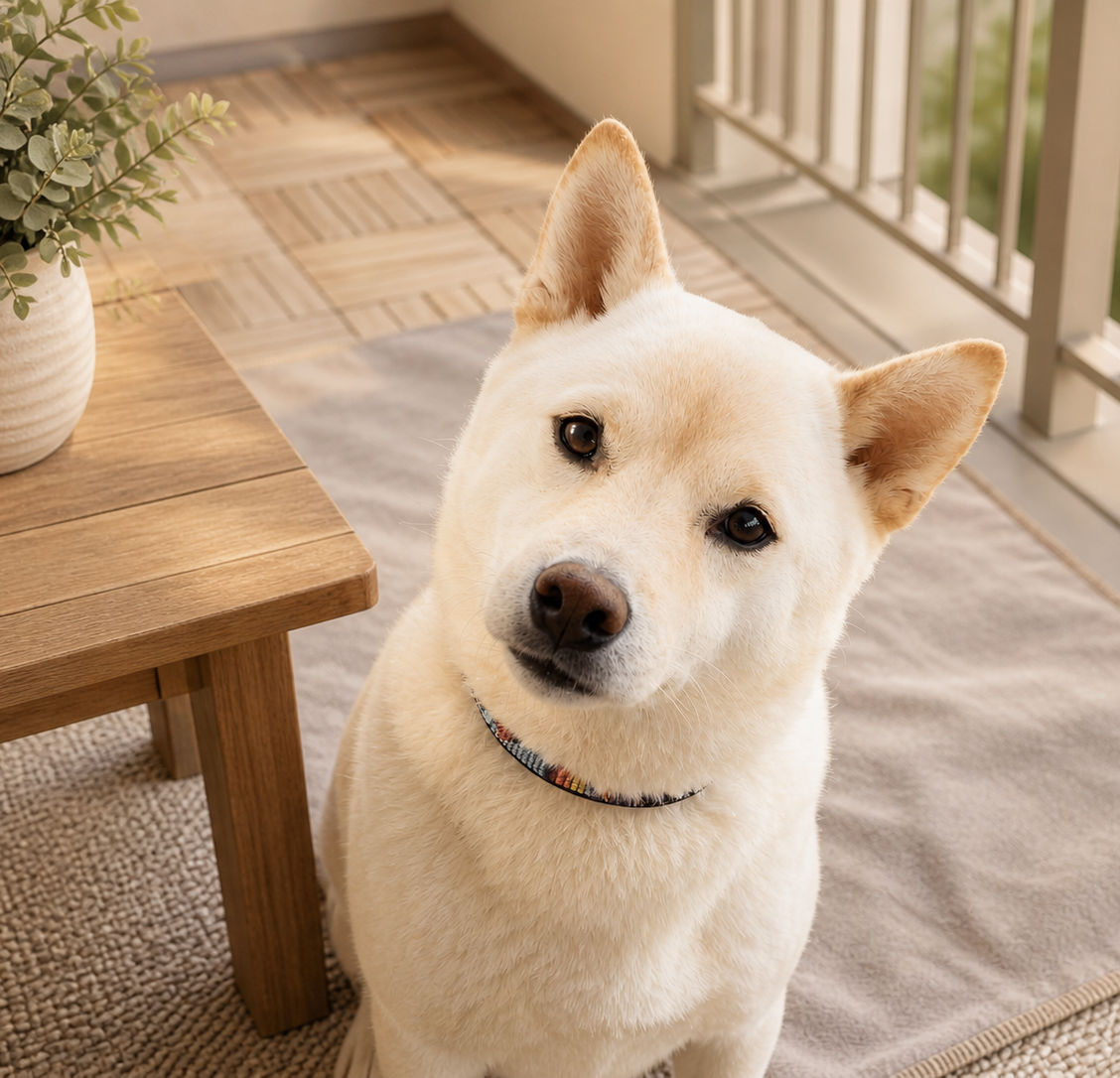 Close-up of Max, a white Shiba Inu, sitting in a warm home setting.