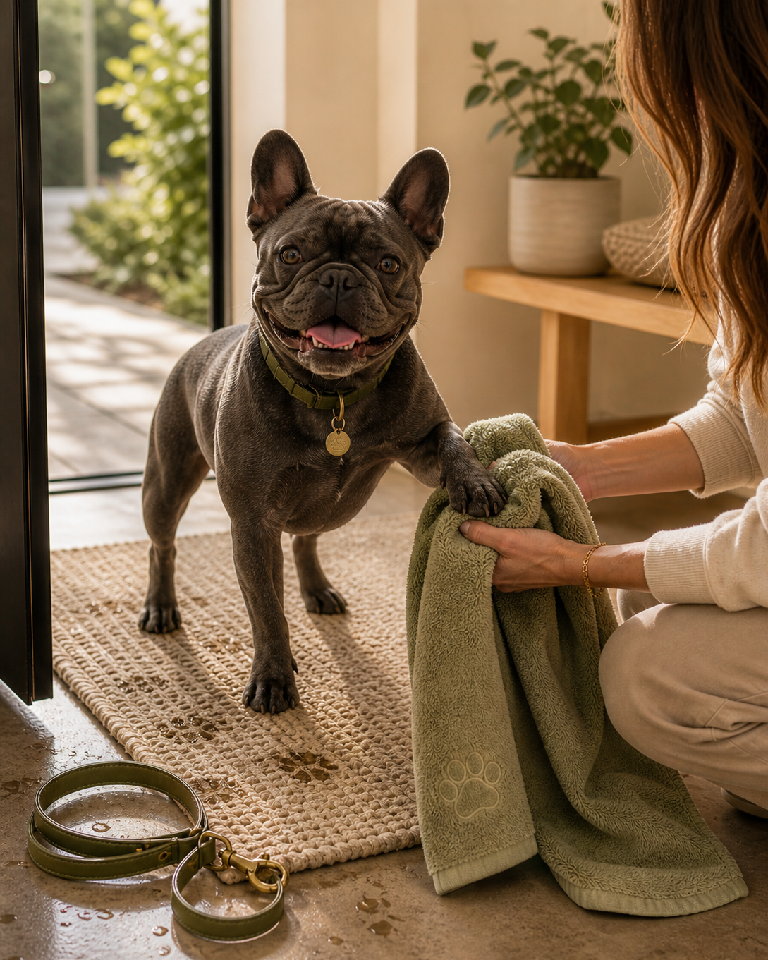 Gray French bulldog after a walk with a reusable cleaning towel in a bright home entryway.