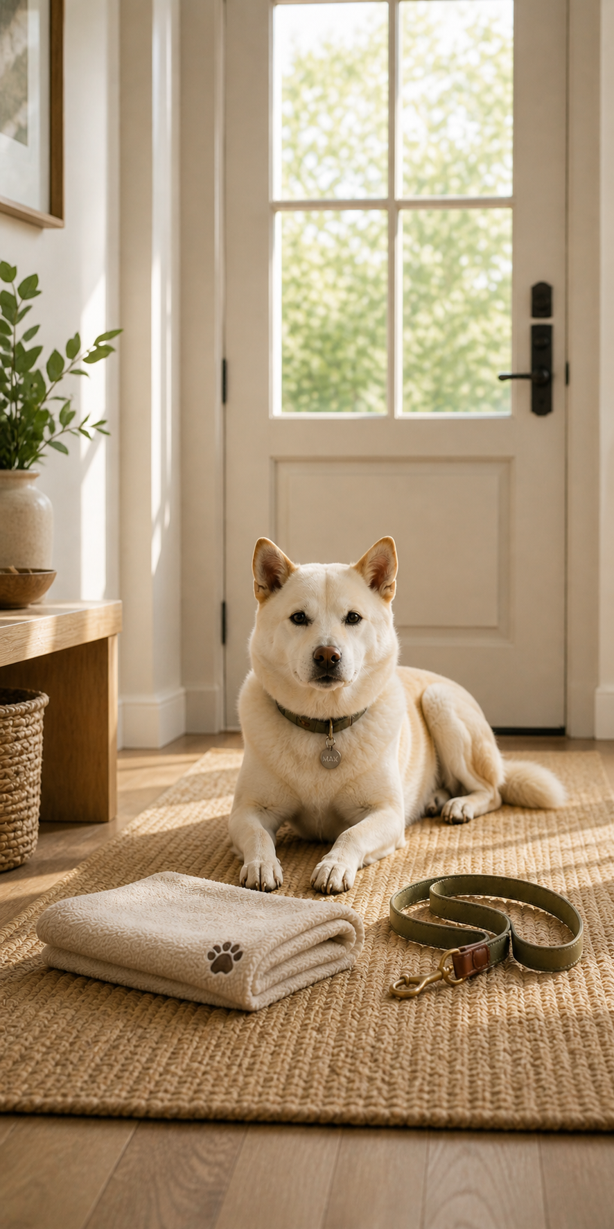 White Shiba Inu resting by a front door with a folded paw towel and leash in a calm home entryway.