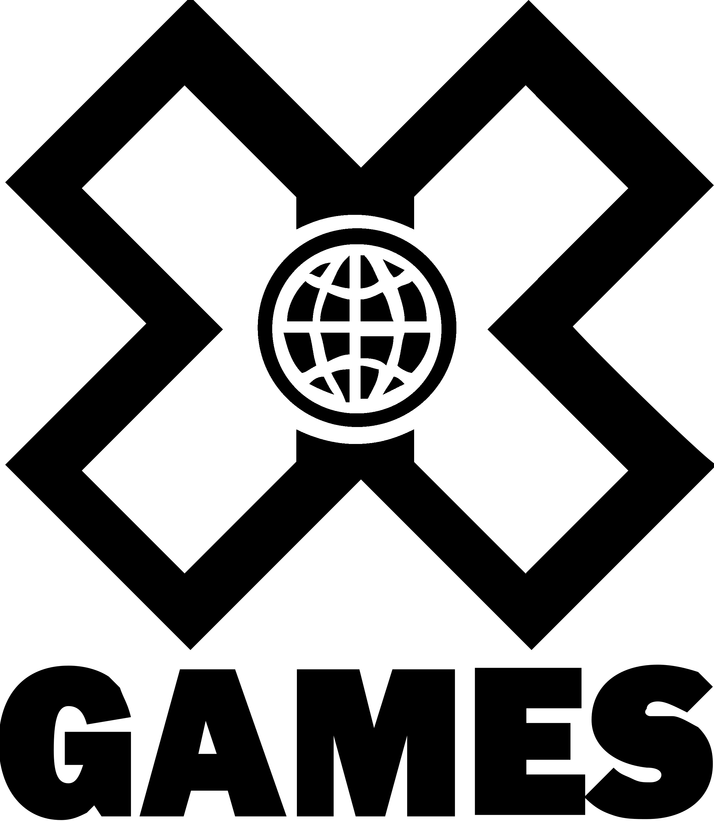 Black background with a white logo featuring a basketball globe and angular shapes around it.