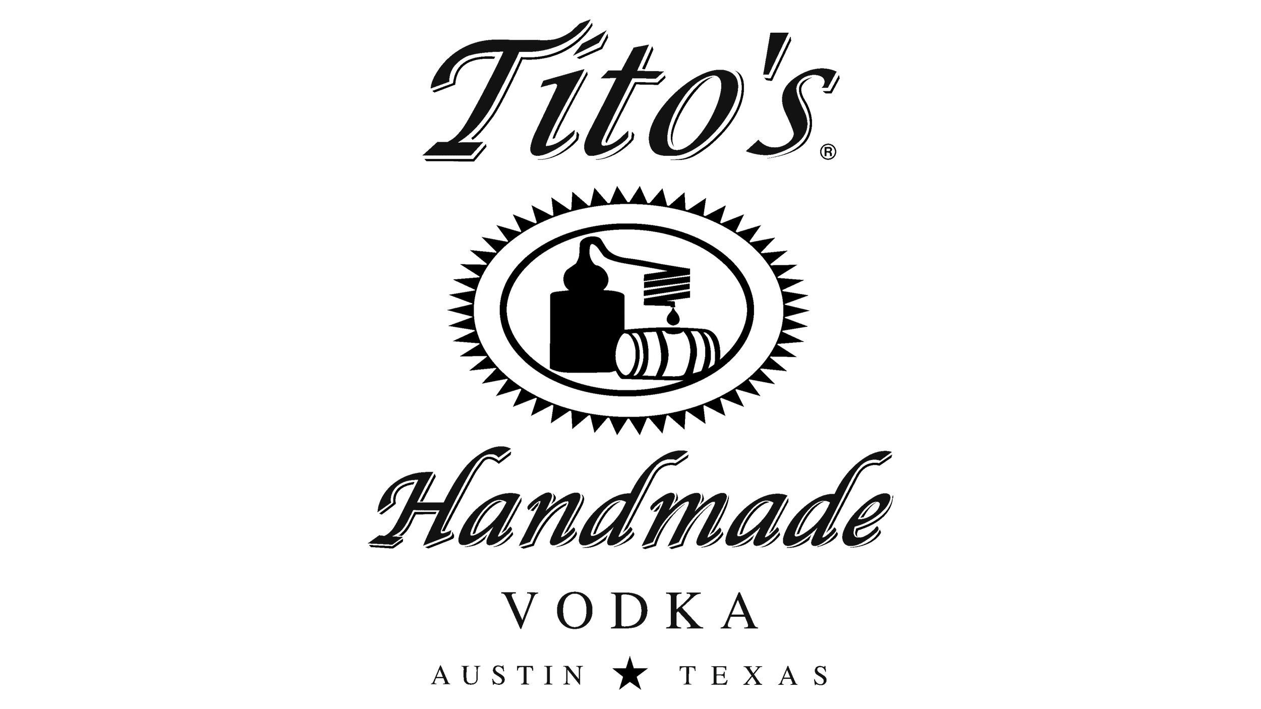 Logo for Tito's Handmade Vodka featuring a bottle, a box, and a barrel inside a circular emblem with the text 'Tito's Handmade Vodka' and 'Austin Texas' at the bottom.
