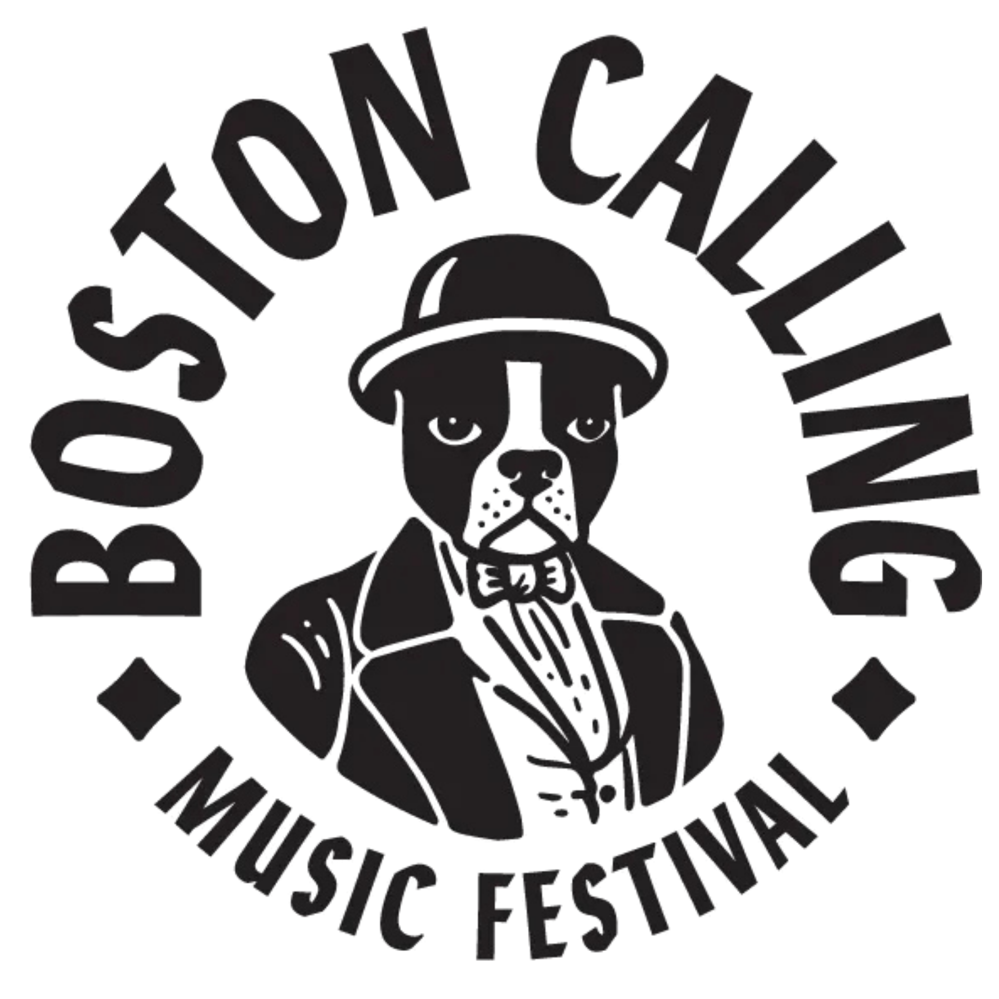 It is a logo with the phrase 'Boston Calling' written in stylized black text surrounding a cartoon dog head.