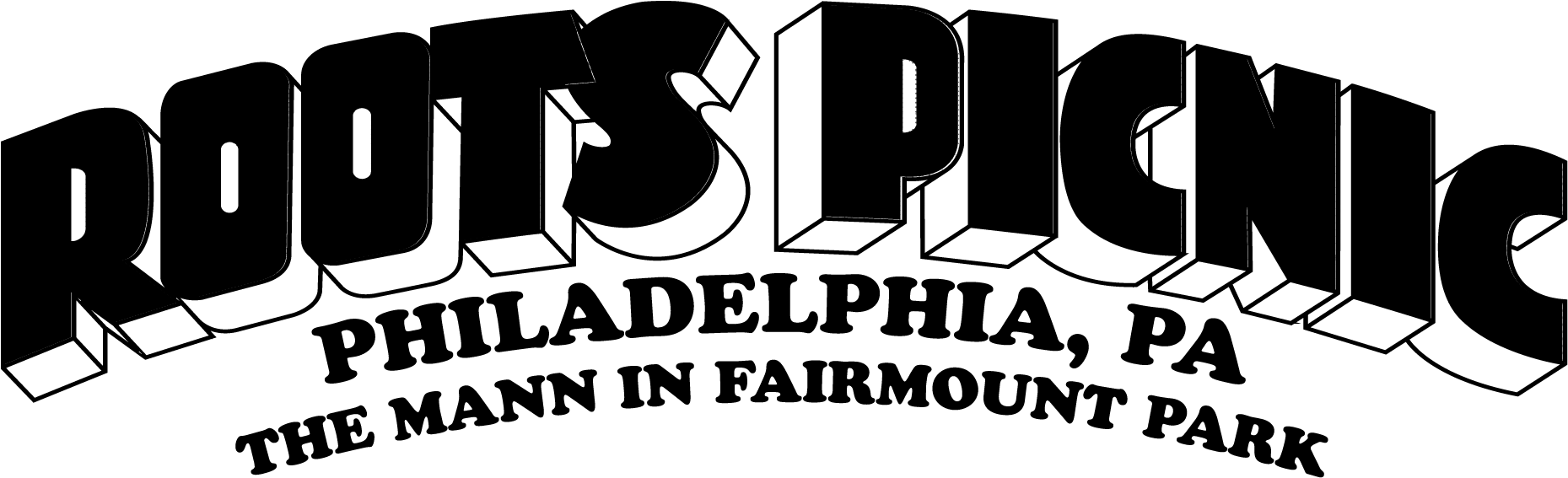 3D black and white text spelling out "ROOTS PICNIC" with a shadow below.