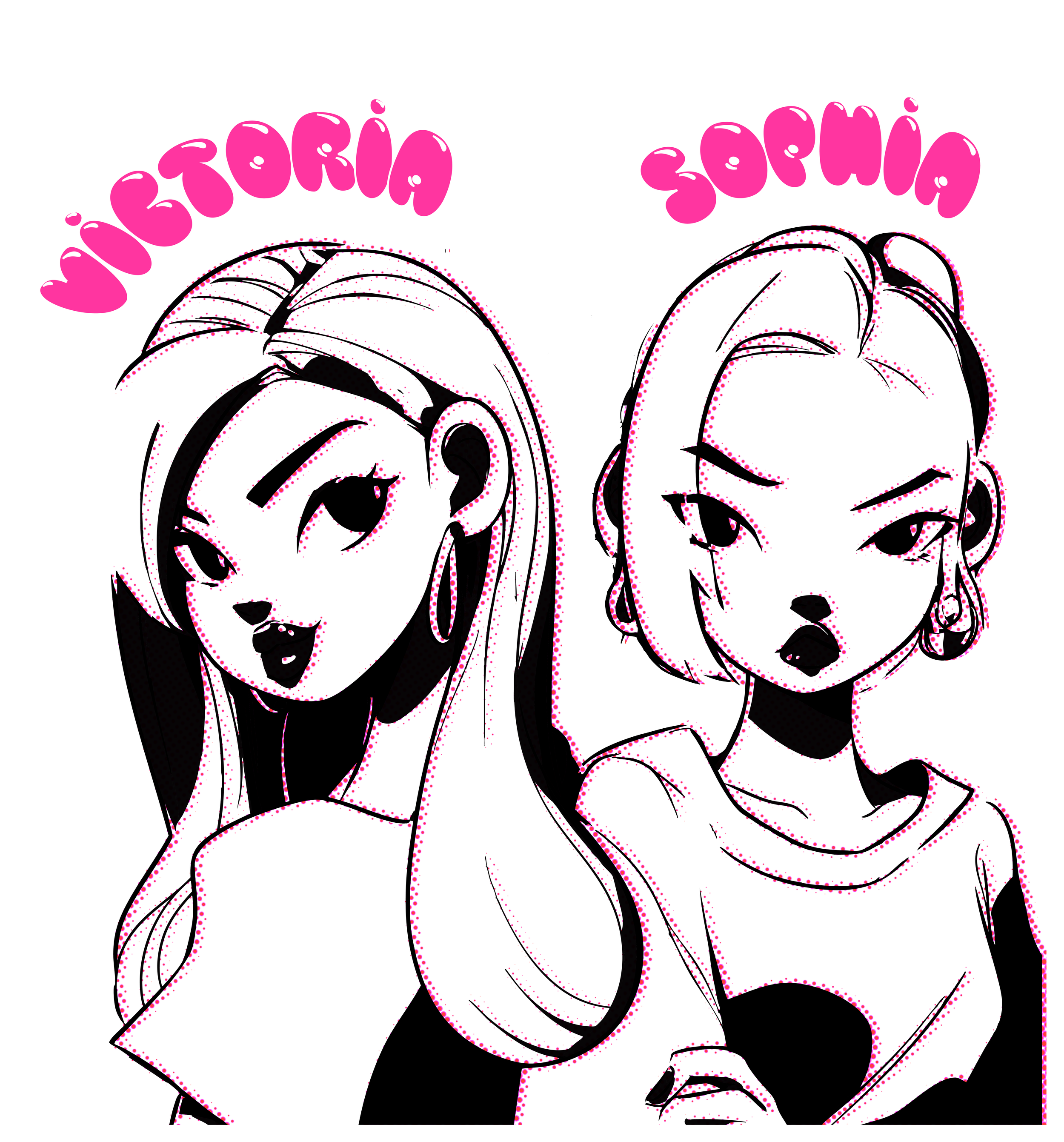Black and white comic-style drawing of two women with expressive facial expressions, wearing sunglasses and making playful gestures, with pink stylized text above their heads.
