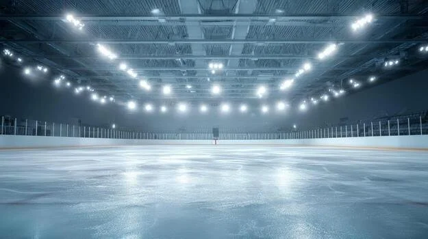 Empty indoor ice skating rink with bright overhead lights and a person standing at the far end.