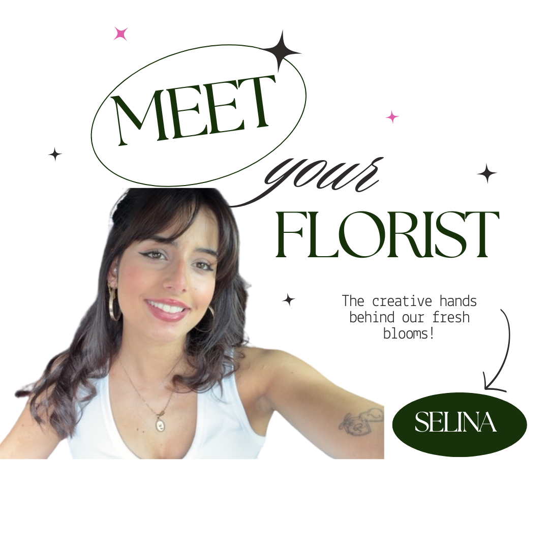 A promotional graphic for a florist featuring a woman named Selina with shoulder-length brown hair, wearing a white top and jewelry. The text reads, "Meet your florist," with decorative stars and a speech bubble highlighting her name.