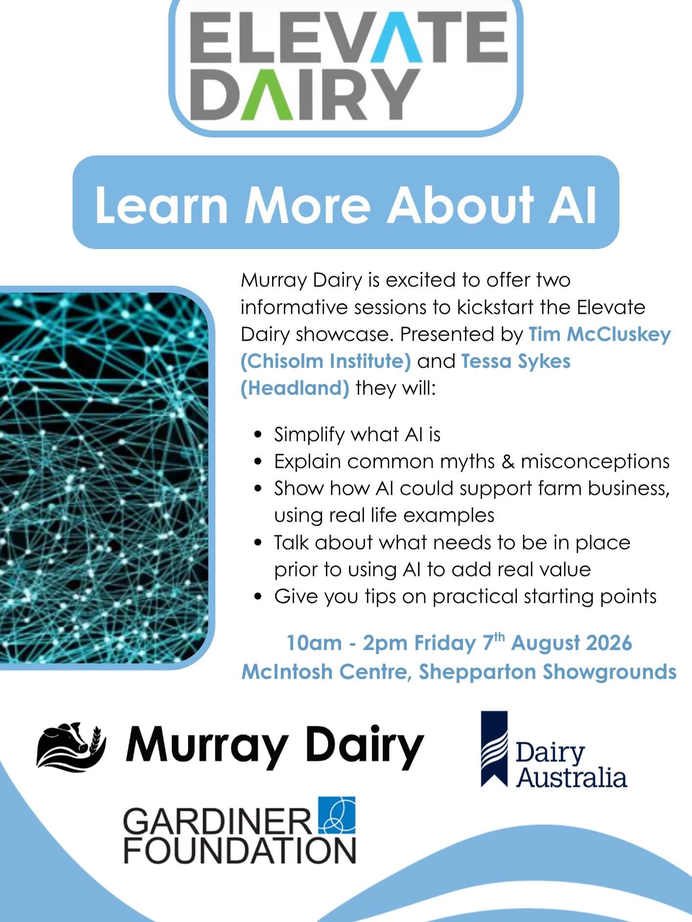 💙💚 LETS CHAT ABOUT AI AT ELEVATE DAIRY 💚💙

A great way to set the scene with all things technology at the Innovator Showcase this Friday 7th August at the McIntosh Centre, Shepparton.

Please register your attendance via the QR code provided. 

#