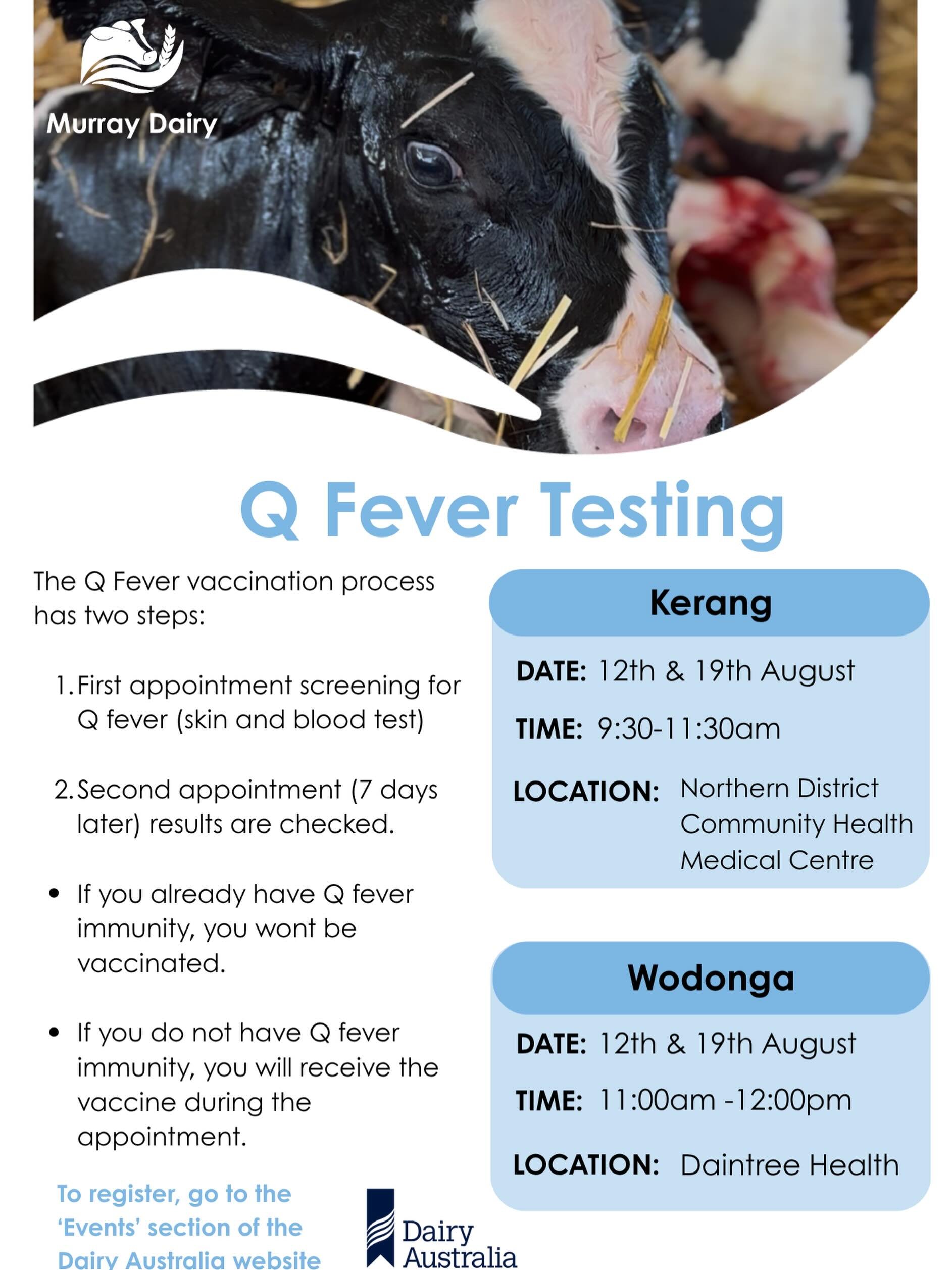 Q FEVER TESTING: SPOTS STILL AVAILABLE 

There are still a few appointments available to book a Q FEVER test in Kerang or Wodonga. Be quick, time is running out! 

** A reminder you need to book 2 appointments 7 days apart **

Head to the Dairy Austr