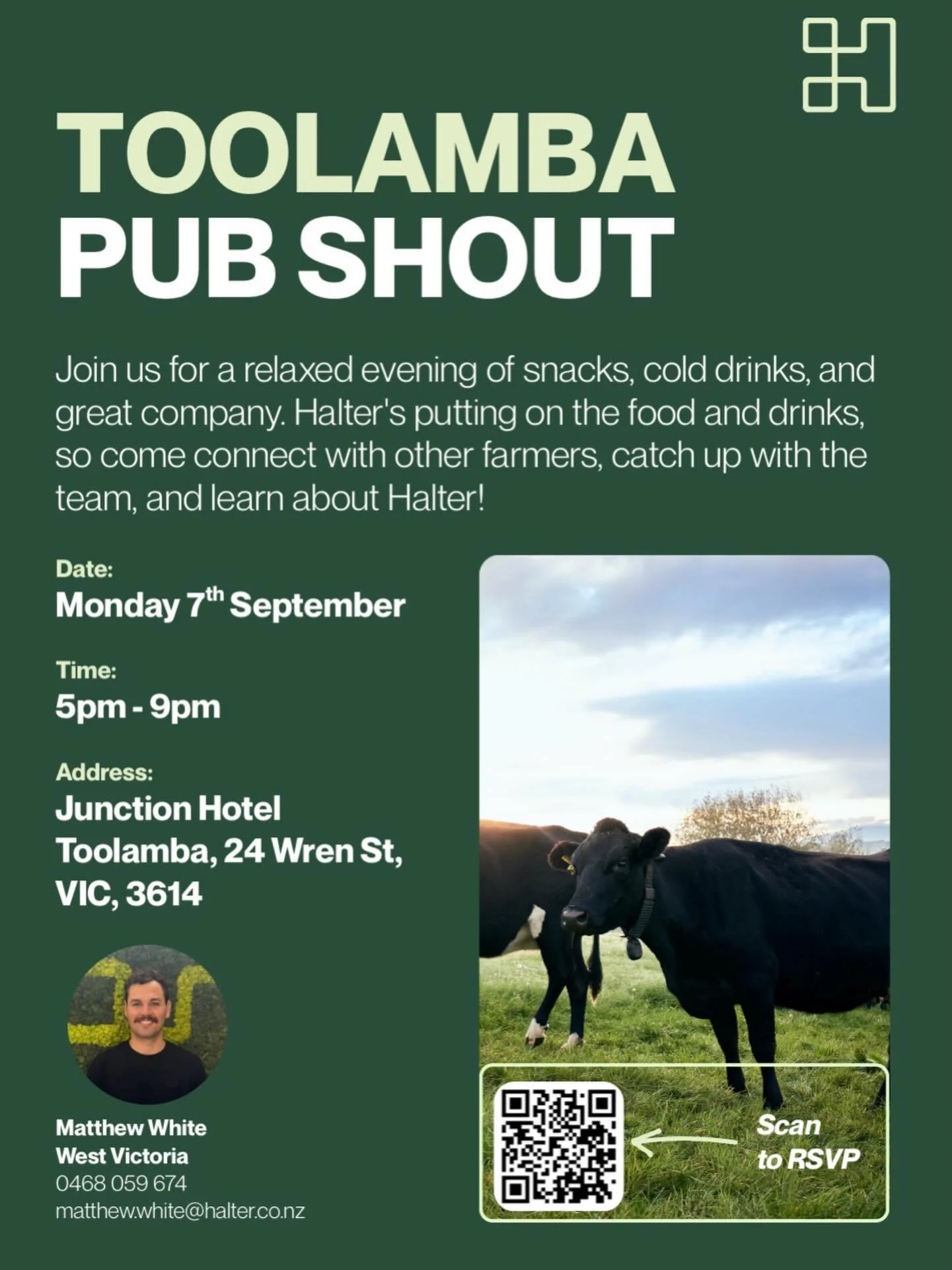 🔎 HALTER INFO SESSION 🔍

⏰ 5-9pm
🗓️ Monday 7th September 
📍 Toolamba 

#murraydairy
#dairytech
#dairyinfo