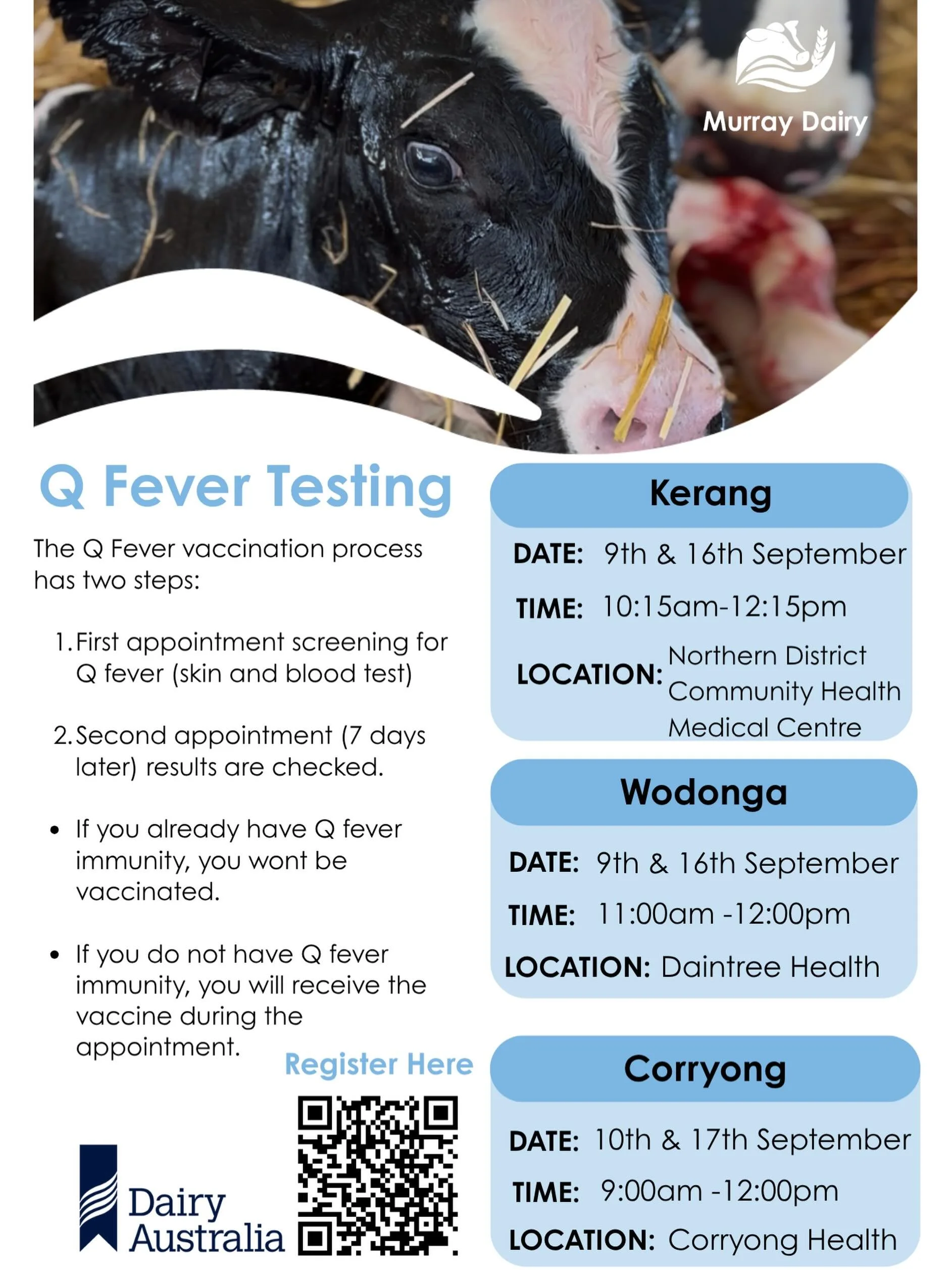 Q FEVER TESTING

Limited spots remain to book in your Q Fever testing at Kerang, Wodonga &amp; Corryong. This requires 2 bookings exactly a week apart:

Register via the QR code provided or go to the events page on the Dairy Australia website. 

#mur