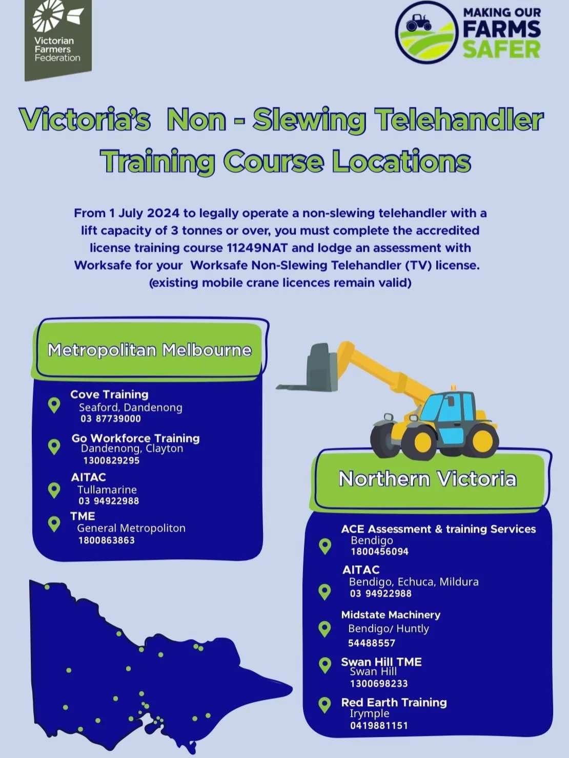 VICTORIAN NON-SLEWING TELEHANDLER TRAINING 

See a list below for options in our region. We are asked regularly where can people go for training and this is great place to start.

#murraydairy
#farmsafe
#telehandler